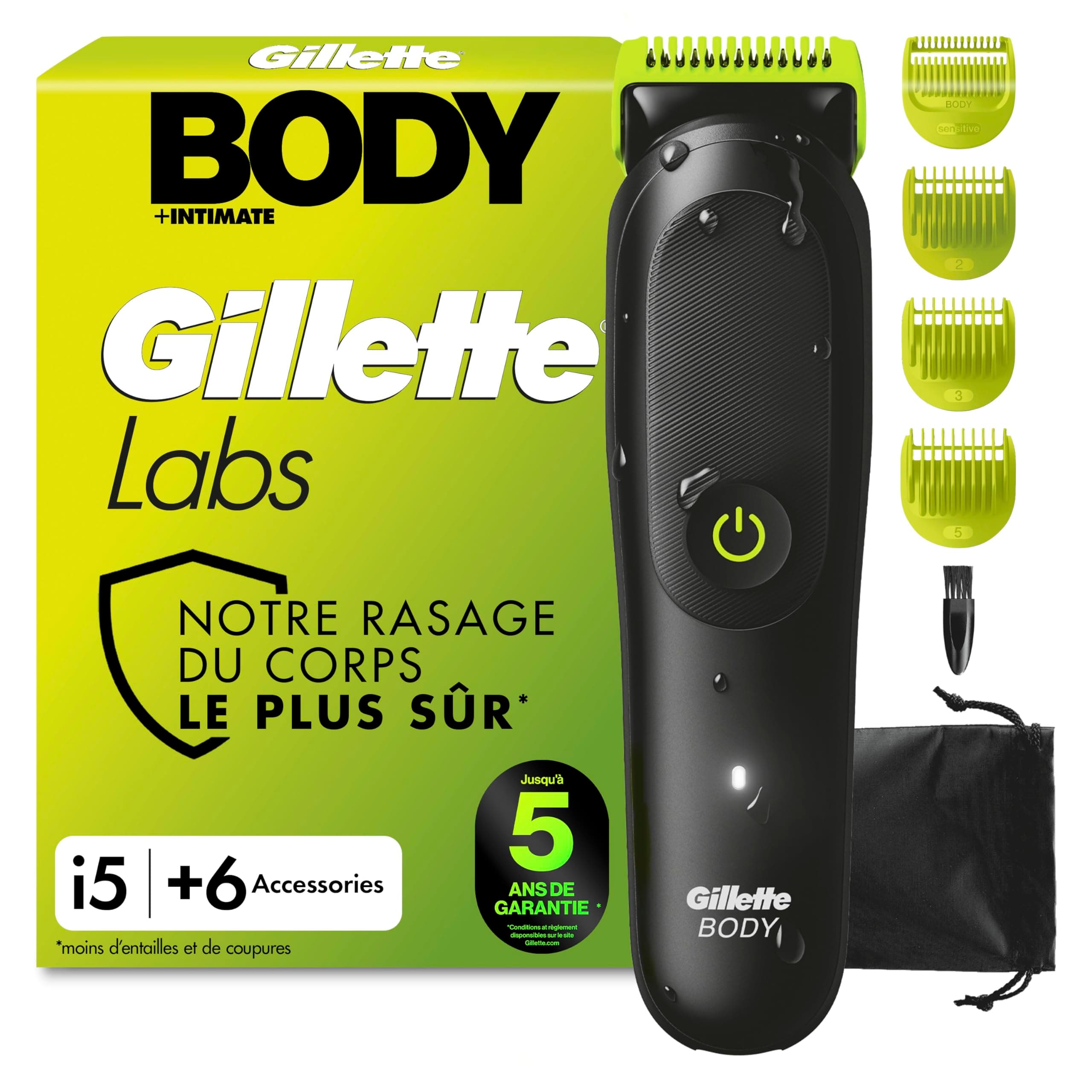 Gillette Labs Body + Intimate Tondeuse Homme i5, Tondeuse Corps et Zone Intime, Étanche, Dotée de la Technologie SkinFirst, Coffret Homme avec 3 Sabots, Batterie Rechargeable Incluse