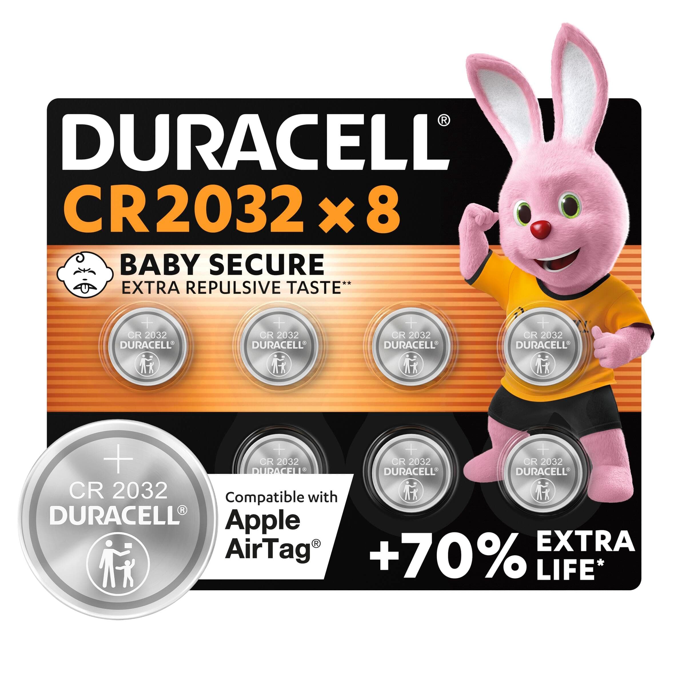 Duracell CR2032 pilas de botón de litio 3 V (paquete de 8) - Hasta un 70 % extra duración - Tecnología Baby Secure - Para Apple AirTag, llaves remotas, dispositivos domésticos, deportivos y médicos