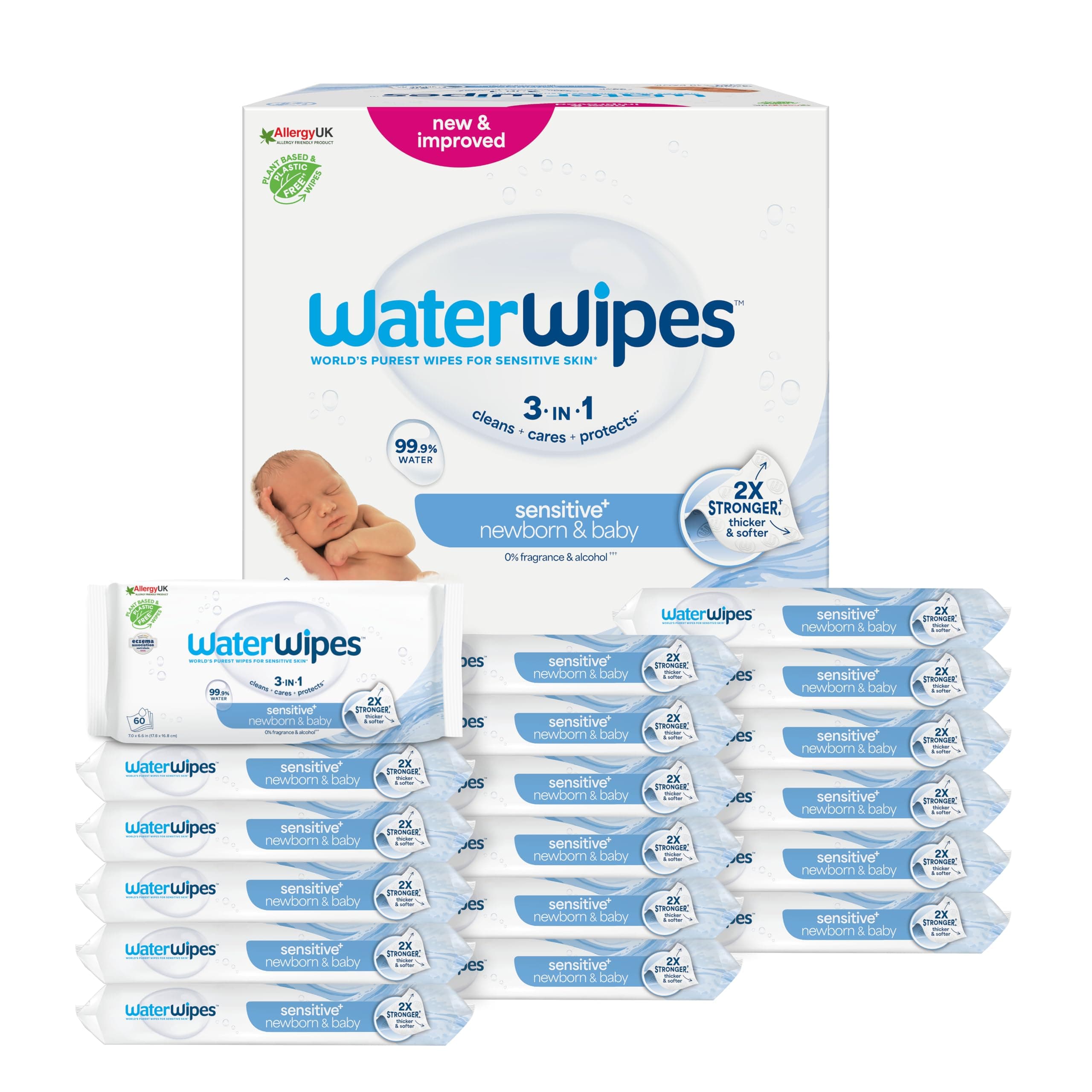 WaterWipes Sensitive+ Newborn & Baby Wipes, 12 Confezioni | 720 salviette 3 in 1 che detergono, proteggono e si prendono cura della pelle, 99,9% acqua, senza profumo né alcol