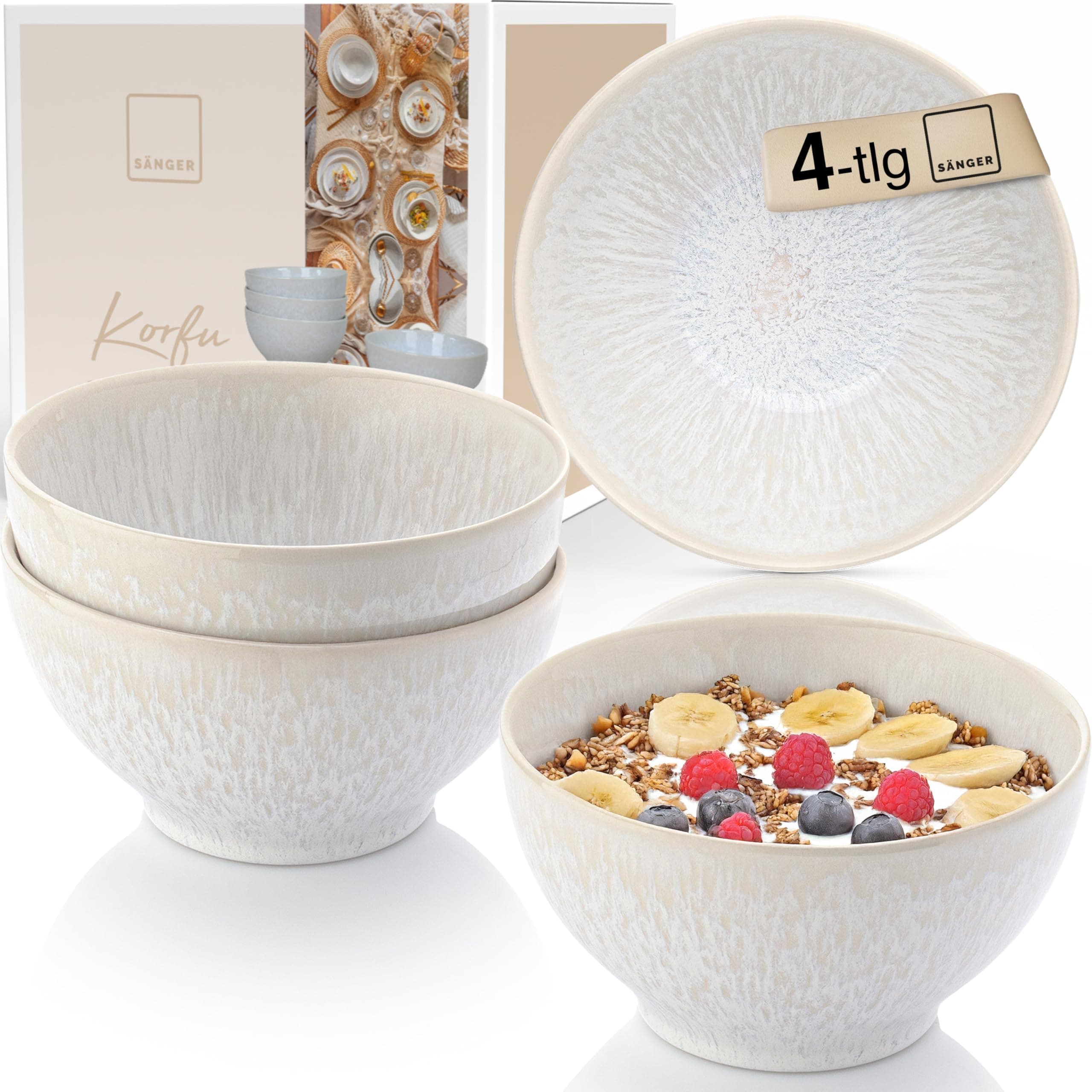Sänger Korfu | Steingut Bowl Schüssel 4 teilig, Schüssel Set 4 Personen, Schale spülmaschinen- & mikrowellenfest, Müslischalen, Schüsseln Creme mit sandiger Maserung 600 ml | PREMIUM COLLECTION