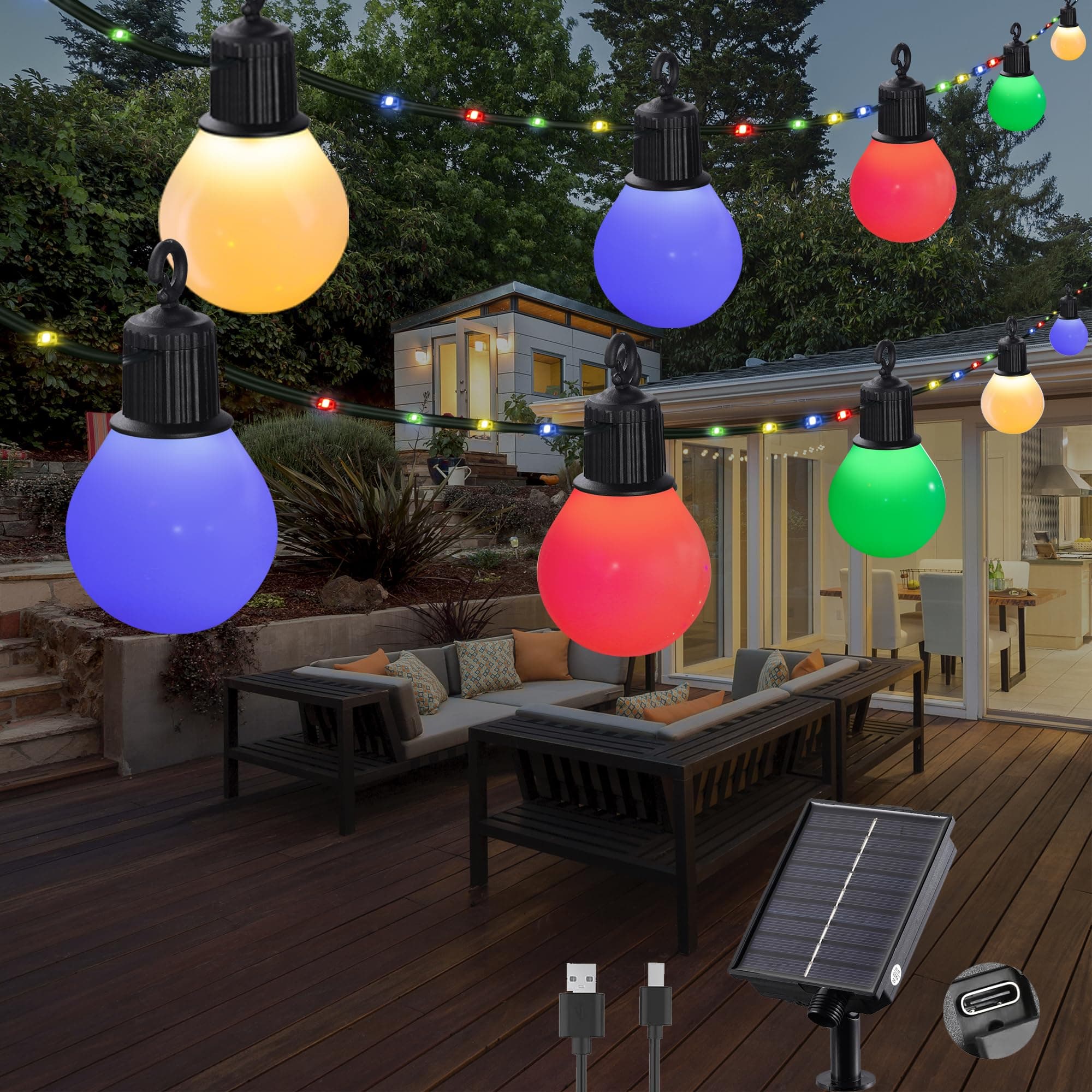 Tacobey Guirlande Solaire Extérieur avec 20 G40 Blanche Ampoules, 【Charge USB】, 10M 100 LEDs Guirlande Lumineuse Solaire 8 Modes, Etanche, Décoration pour Jardin, terrasse, Balcon (Multicolore