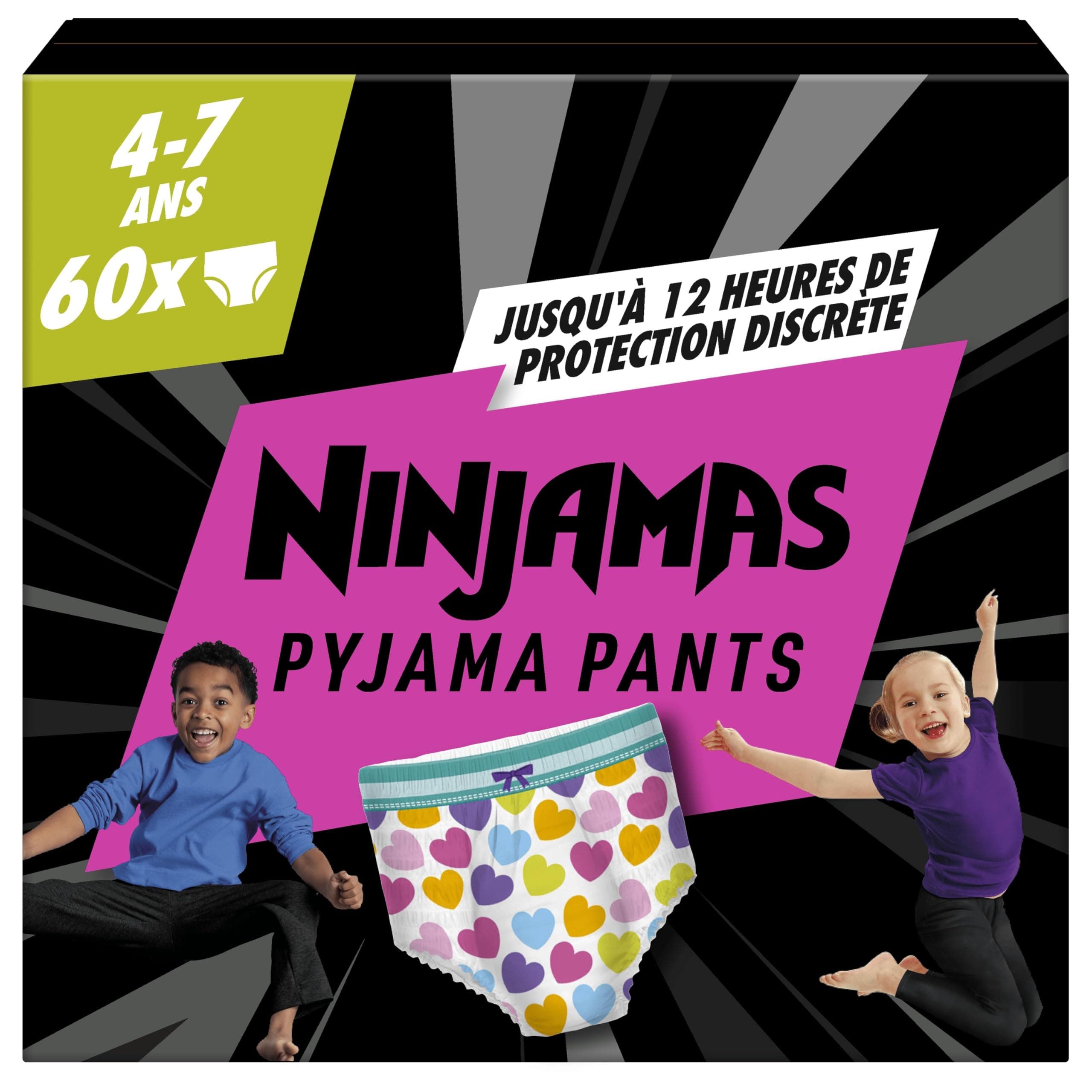 Pampers Ninjamas Pyjama Pants Fille, 60 Sous-Vêtements de nuit Absorbants, 4-7 Ans, 17-30kg, Protection Maximale Contre Les Fuites Toute La Nuit En Toute Discrétion, Pack 1 Mois