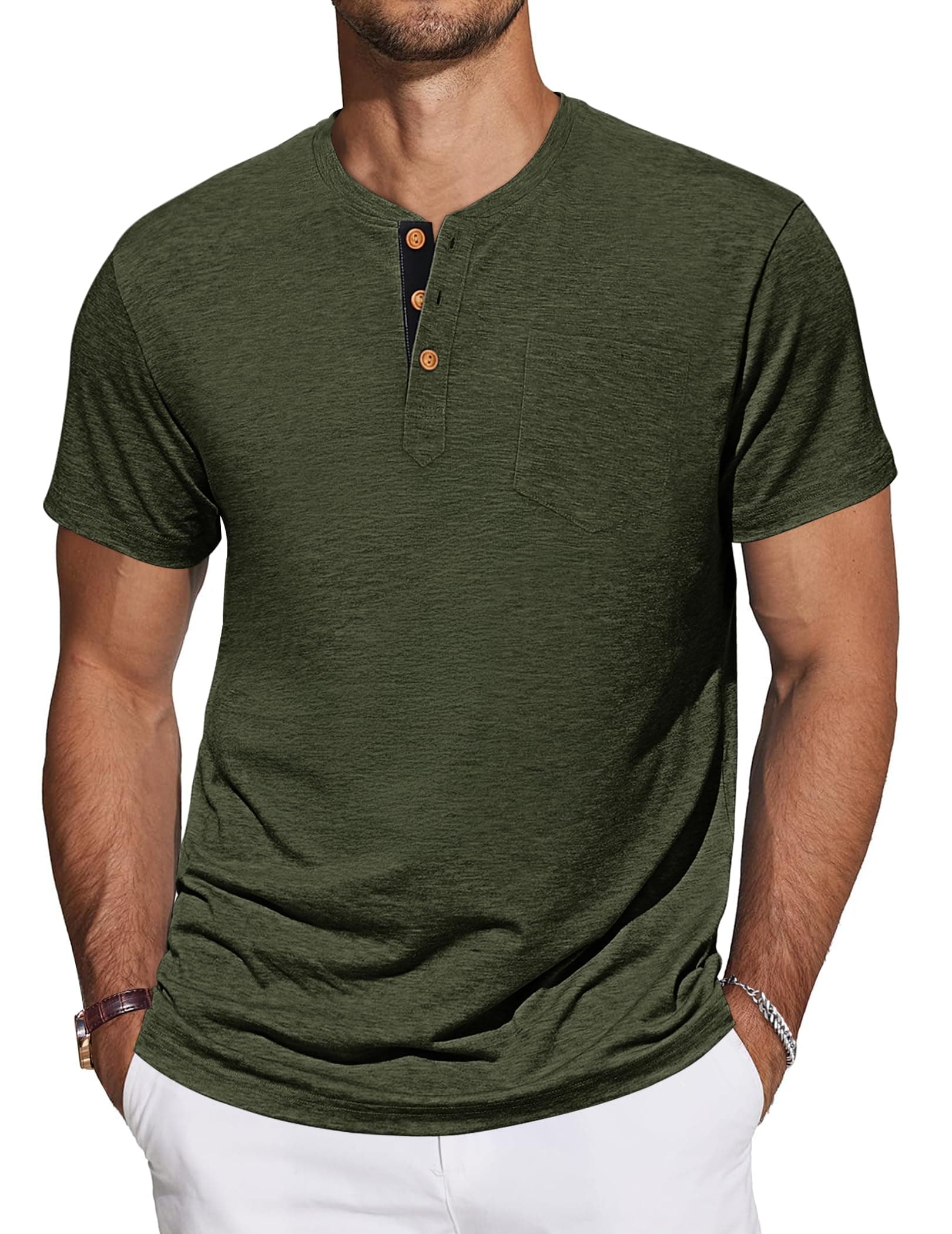 TARAINYA Henley T-Shirt Uomo Cotone Maglietta Maniche Corte Tinta Unita con Tasche Estate M-4XL