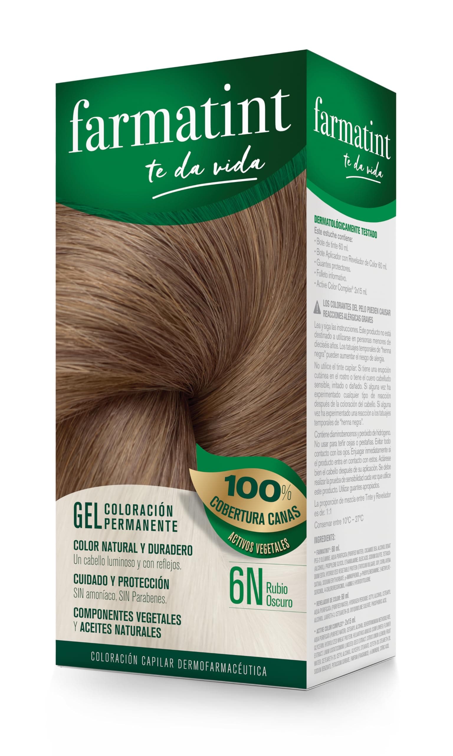 Farmatint Tinte permanente 6N Rubio Oscuro, Cabello natural y color duradero. Sin amoníaco ni parabenes ni parafinas ni siliconas, 135ml