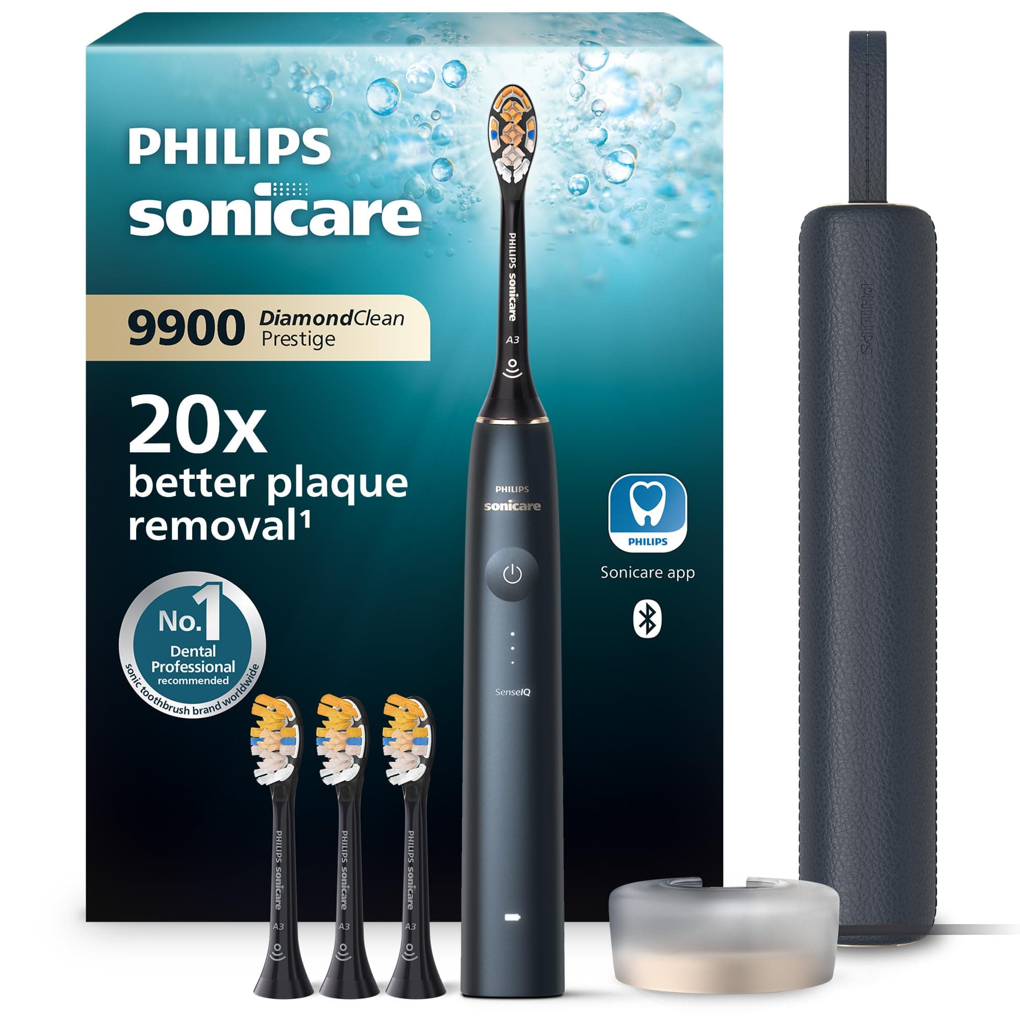 Philips Sonicare DiamondClean 9900 Prestige cepillo dental eléctrico, con tecnología SenseIQ y aplicación, 5 modos de cepillado, estuche de viaje con carga, azul medianoche, modelo HX9992/45
