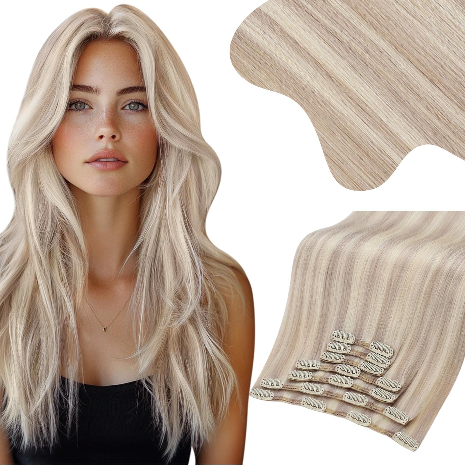 Moresoo Extension Cheveux Naturel Clip Maxi Volume Blond Cendré et Blond Décoloré Extension a Clip Cheveux Humain Invisible Facile à Porter #P18/613 60 cm 7 Pièces 150g