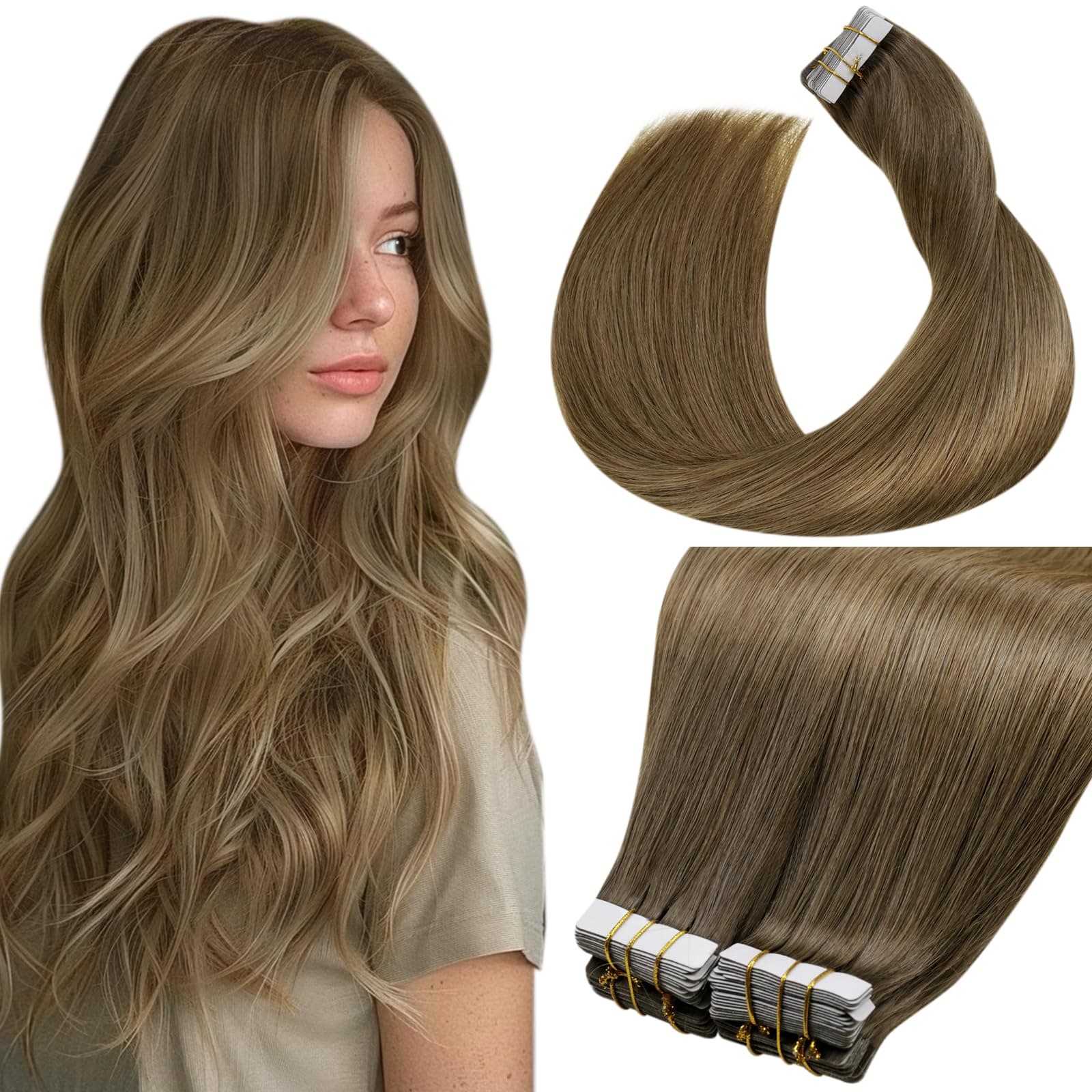 LaaVoo Extension Biadesive Capelli Veri 60cm 40pz Marrone Ombre a Marrone Chiaro Biadesivo Extension Umani Lisci Remy Extension Capelli Veri Invisibili Adesive 100g #6/8/14