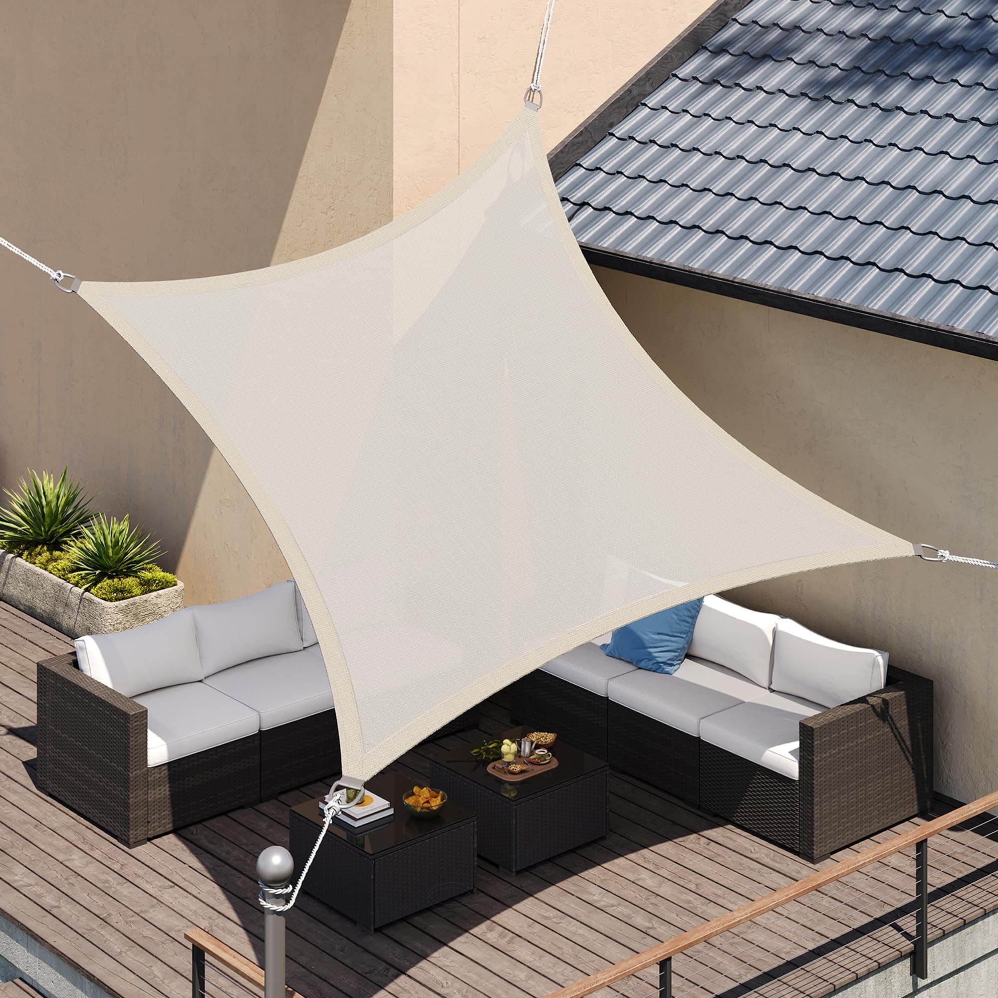 SONGMICS Sonnensegel 3x3m Sonnenschutz HDPE Stoff Atmungsaktiv Wasserdurchlässig für Terrasse Garten Balkon Camping Quadratisch Konkav 2m Saiten Beige GSS33IV