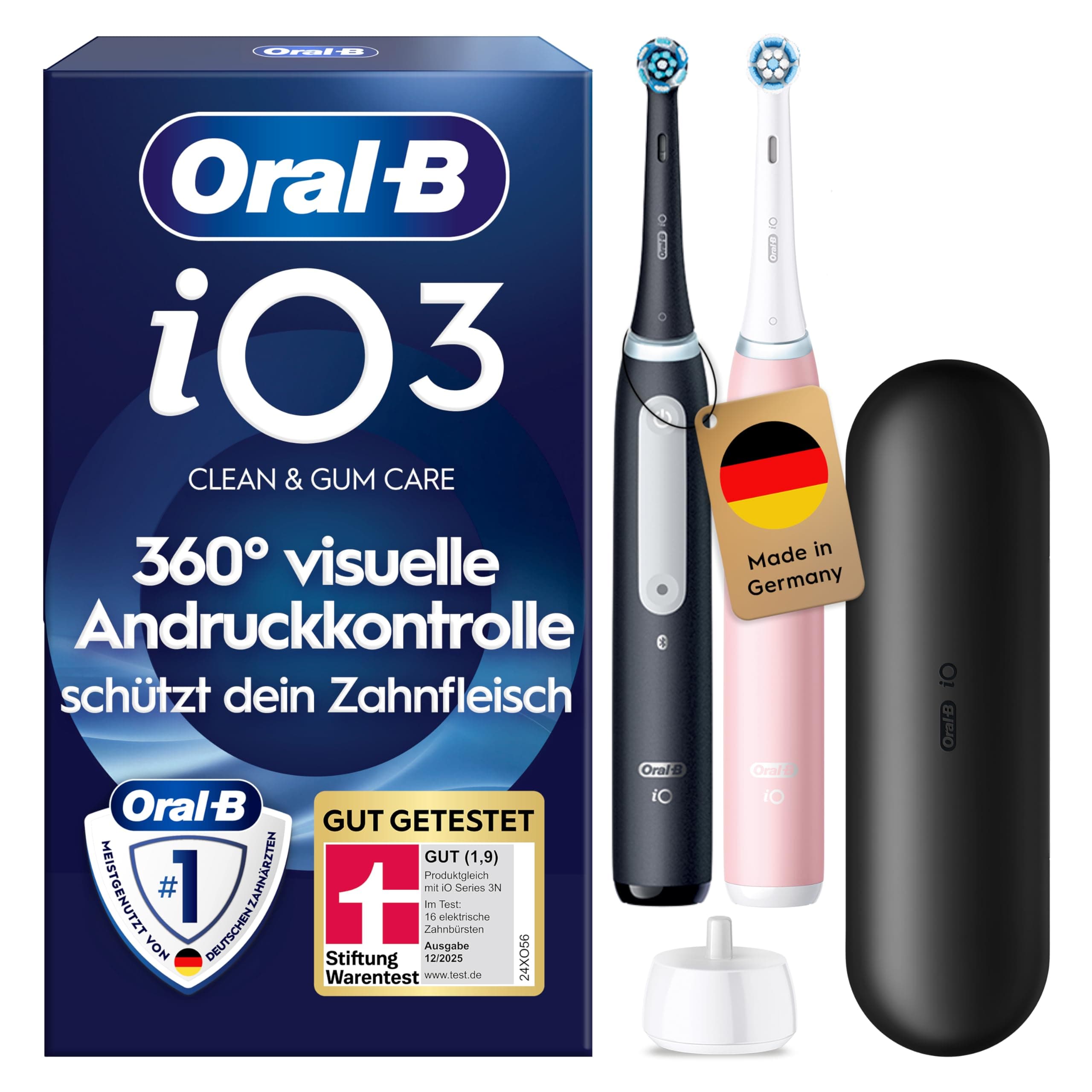 Oral-B iO Series 3 Elektrische Zahnbürste — Doppelpack — Electric Toothbrush, Inkl. 2 Aufsteckbürsten, 3 Putzmodi für Zahnpflege — Designed by Braun, GUT GETESTET von STIFTUNG WARENTEST, Schwarz/Rosa