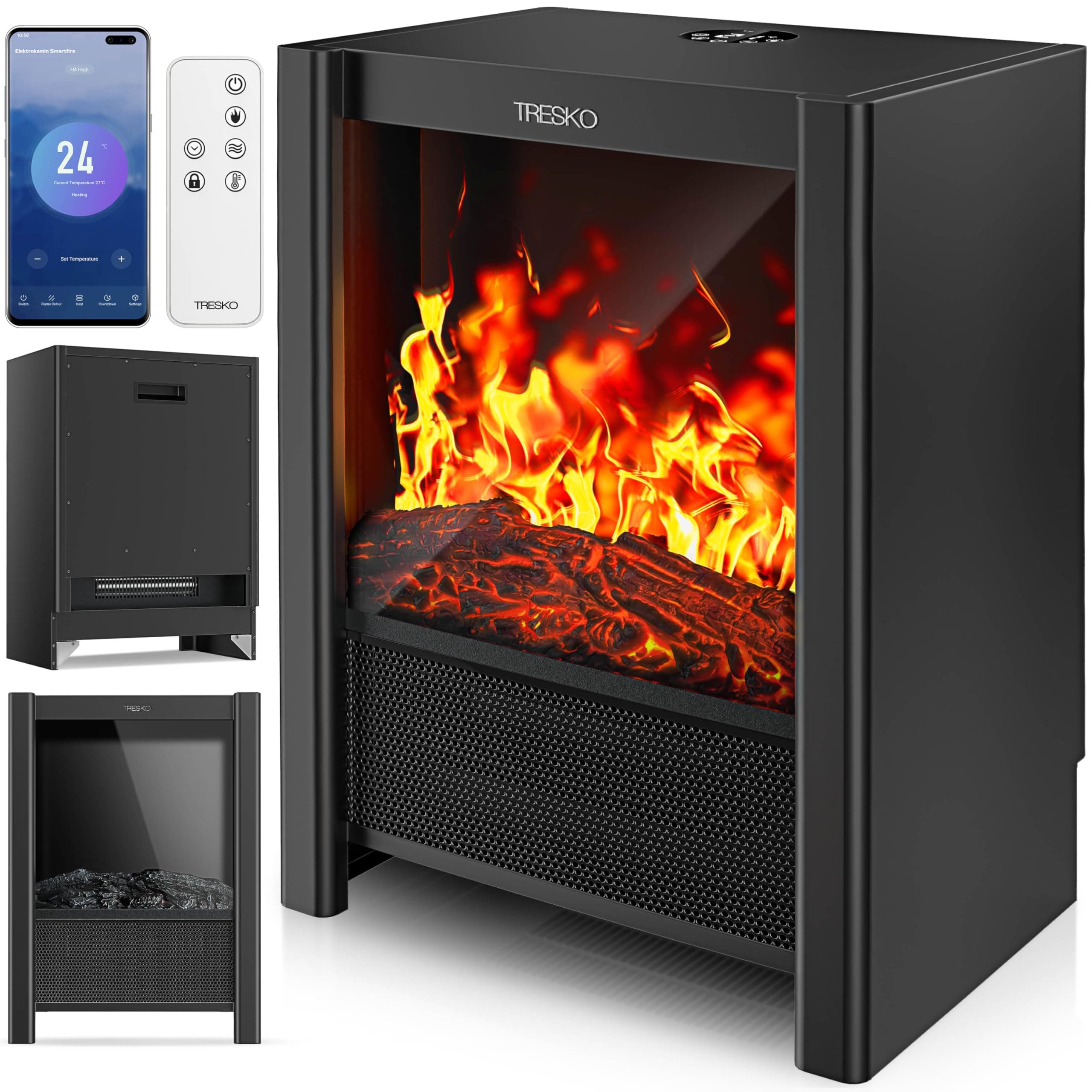 TRESKO® Cheminée électrique 2000W, Maison Intelligente WiFi app & télécommande | Poêle électrique Effet Flamme LED & écran LCD | Foyer électrique avec Thermostat | Chauffage soufflant minuterie