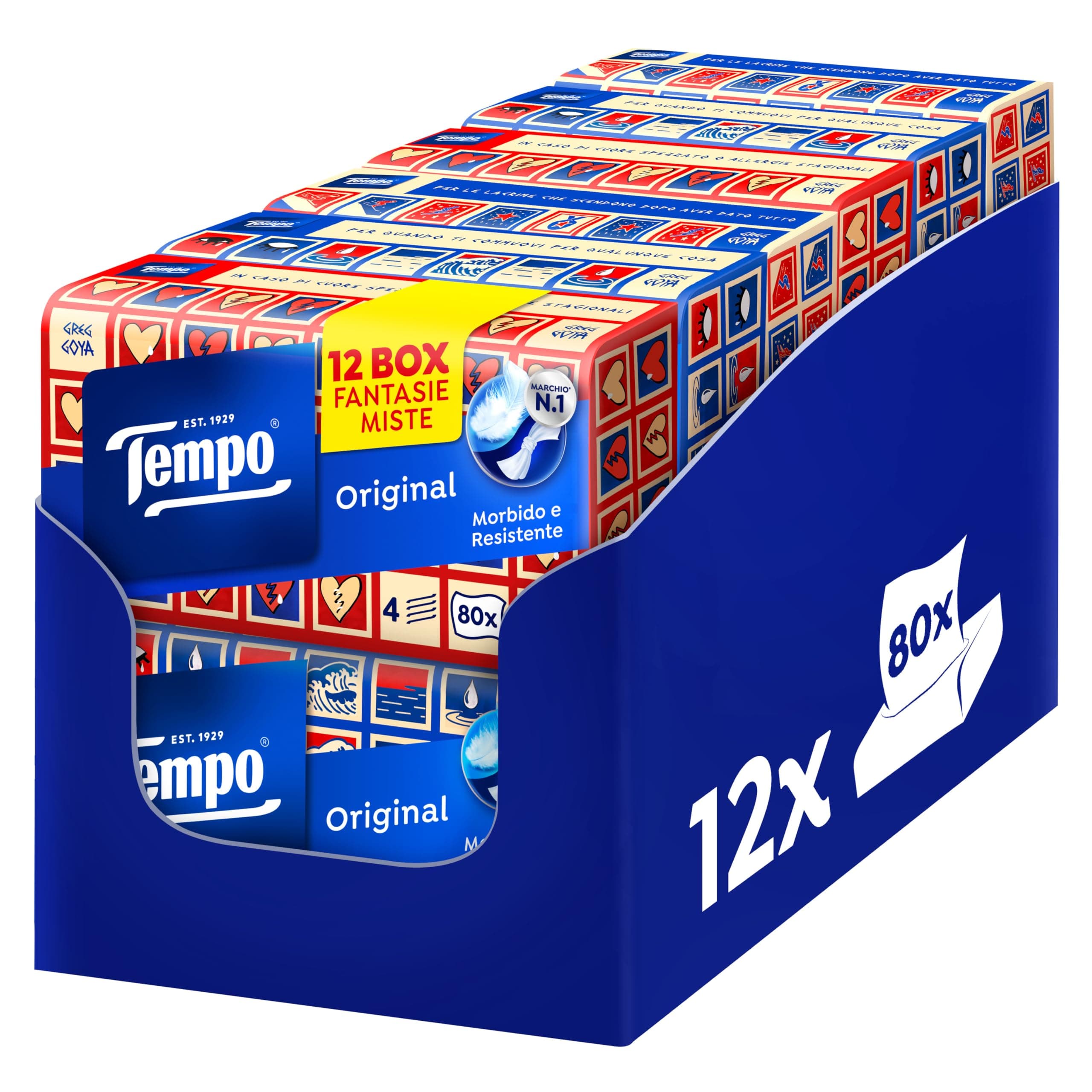 Tempo Fazzoletti Box Original - 4 Veli - 12 Confezioni da 80 Fazzoletti in 4 Grafiche Assortite, 960 Fazzoletti