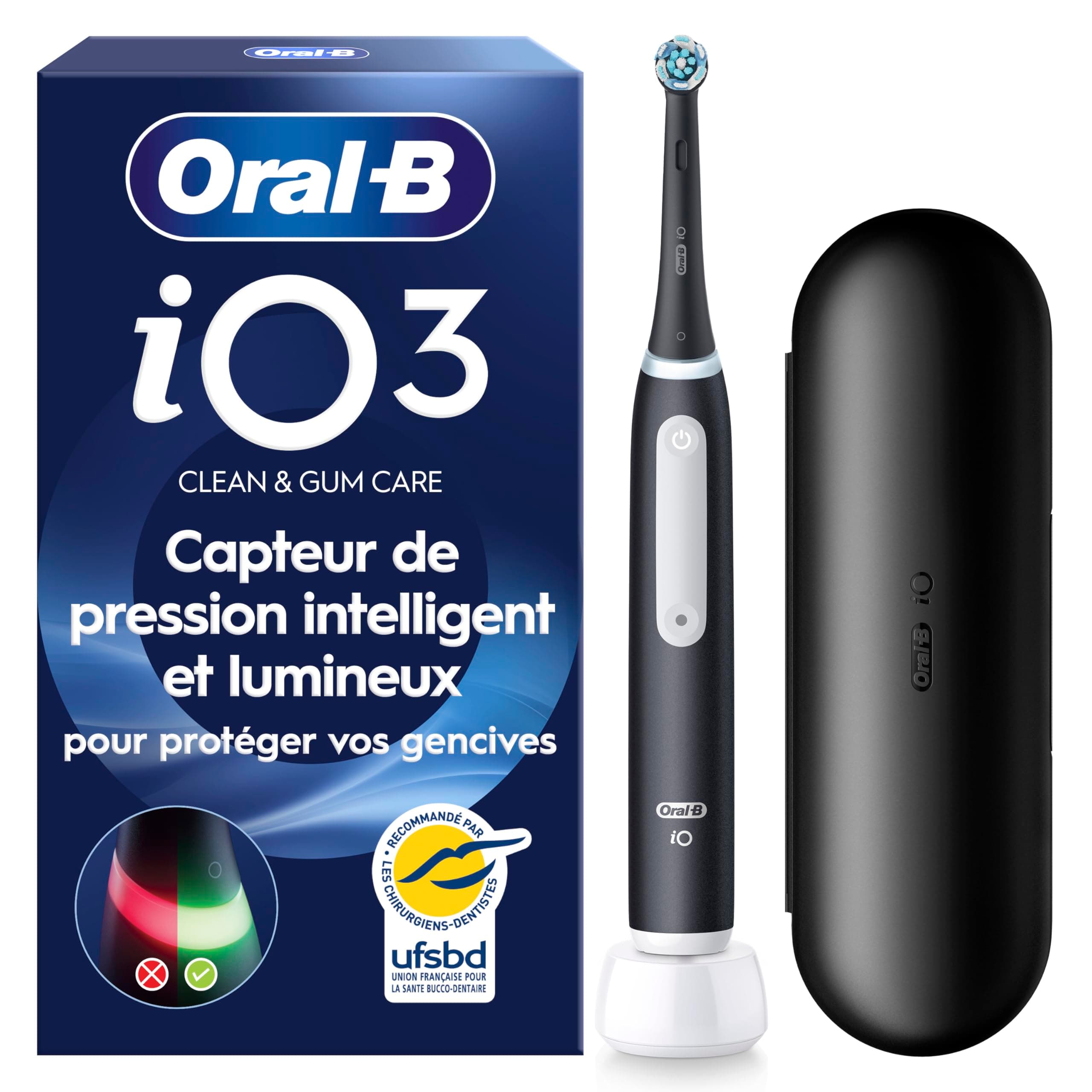 Oral-B Brosse à Dents Electrique iO 3 avec 1 Brossette de Rechange, Noire – 3 Modes de Brossage Silencieux dont Douceur et Blancheur, Capteur de Pression sur les Gencives, Batterie Rechargeable