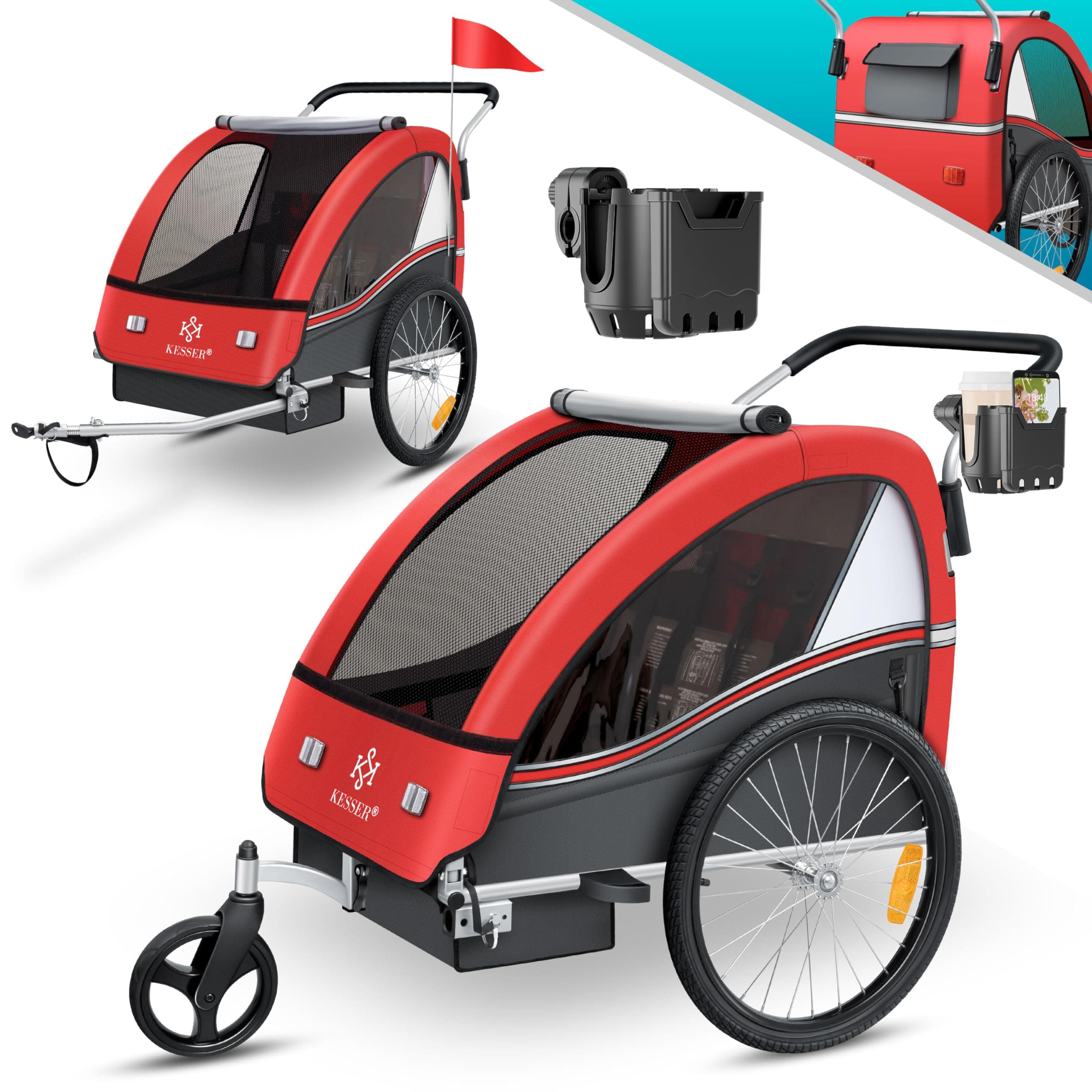 KESSER® Sport-RX - Rimorchio per bicicletta 2 in 1, per chi fa jogging, per bambini + cintura di sicurezza a 5 punti, rotella anteriore orientabile a 360°, da 1 a 2 bambini, massimo 40 kg