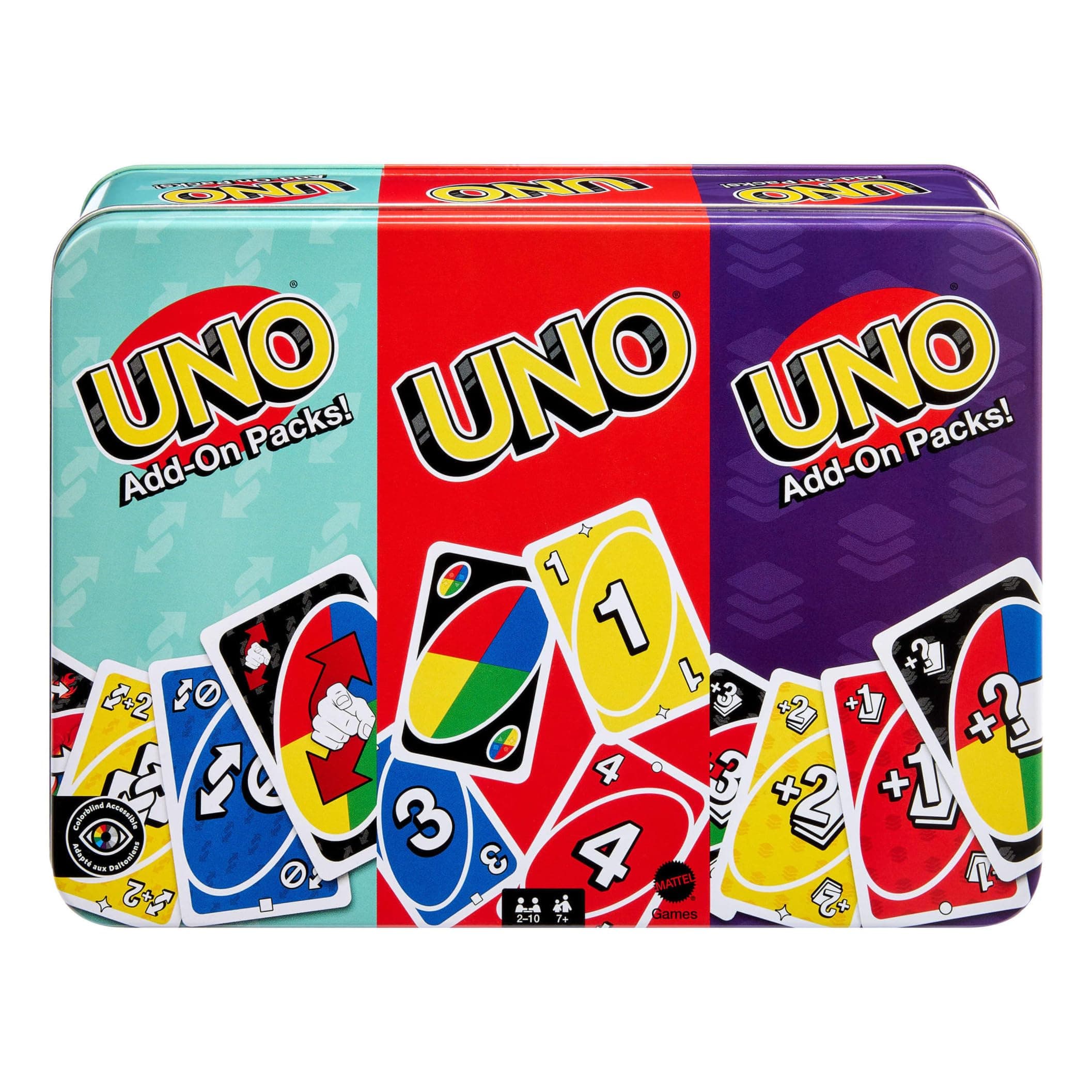 Mattel Games UNO con 2 Packs de expansión y Caja metálica Coleccionable para niños, Adultos y Noches de Juegos en Familia, De 2 a 10 Jugadores, JCV60