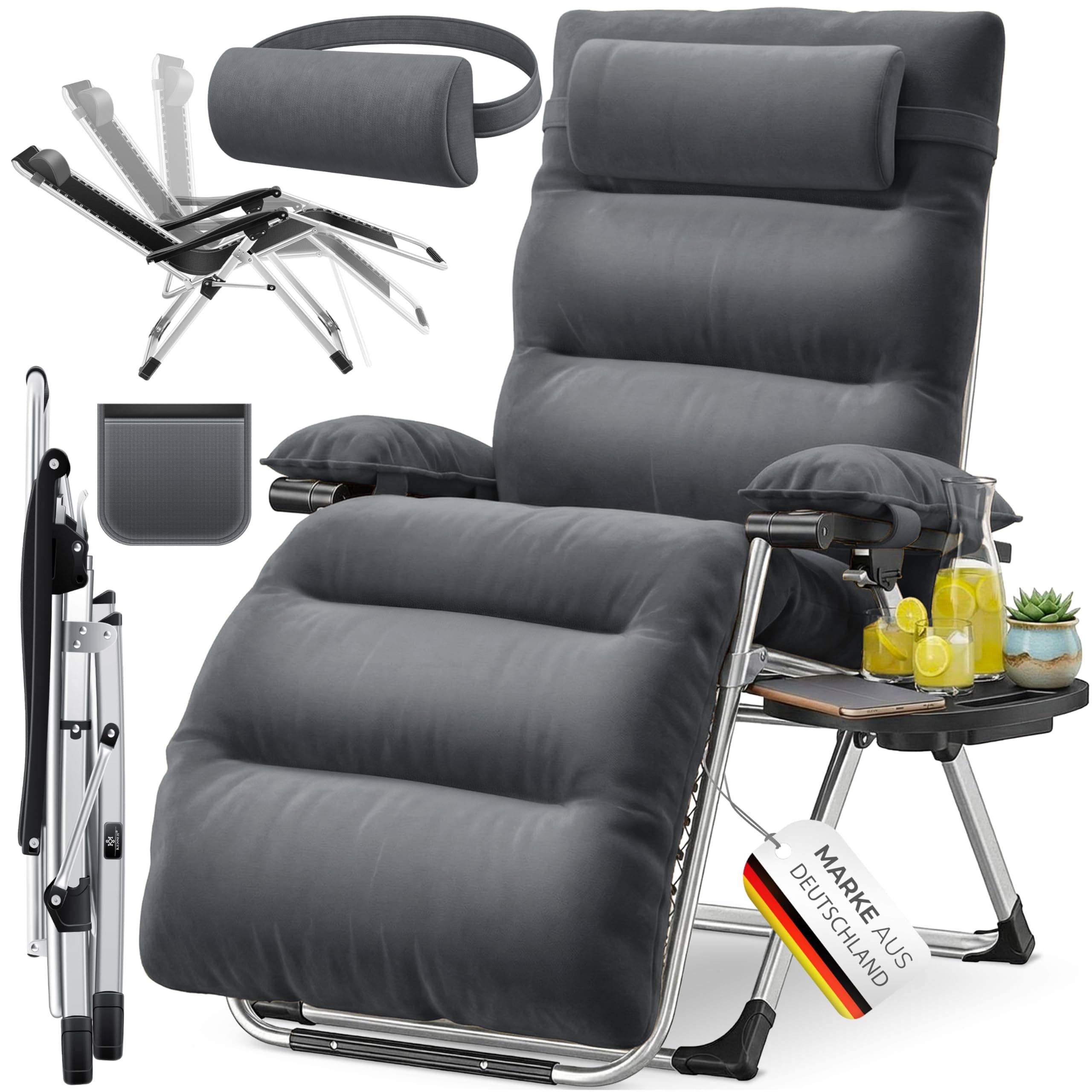 KESSER® Chaise longue de jardin extra large et résistante aux intempéries, charge maximale : 200 kg, coussin ergonomique, dossier réglable avec coussin de nuque, porte-gobelet, rembourrage des bras et