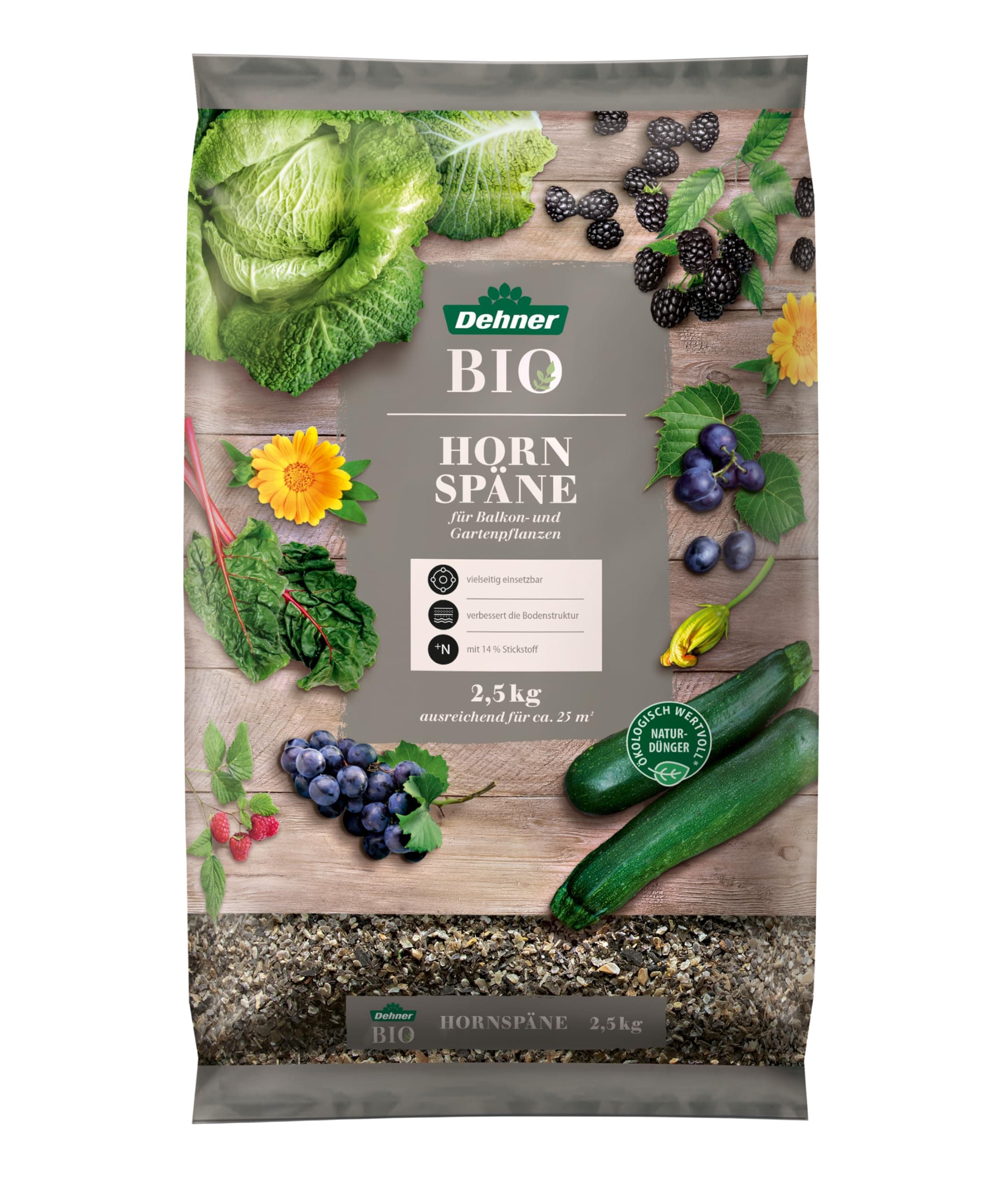 Dehner Bio Hornspäne, hochwertiger Dünger für Balkonpflanzen/Gartenpflanzen, ökologischer Universaldünger, natürliche Langzeitwirkung, 2.5 kg, ca. 25 qm, bunt