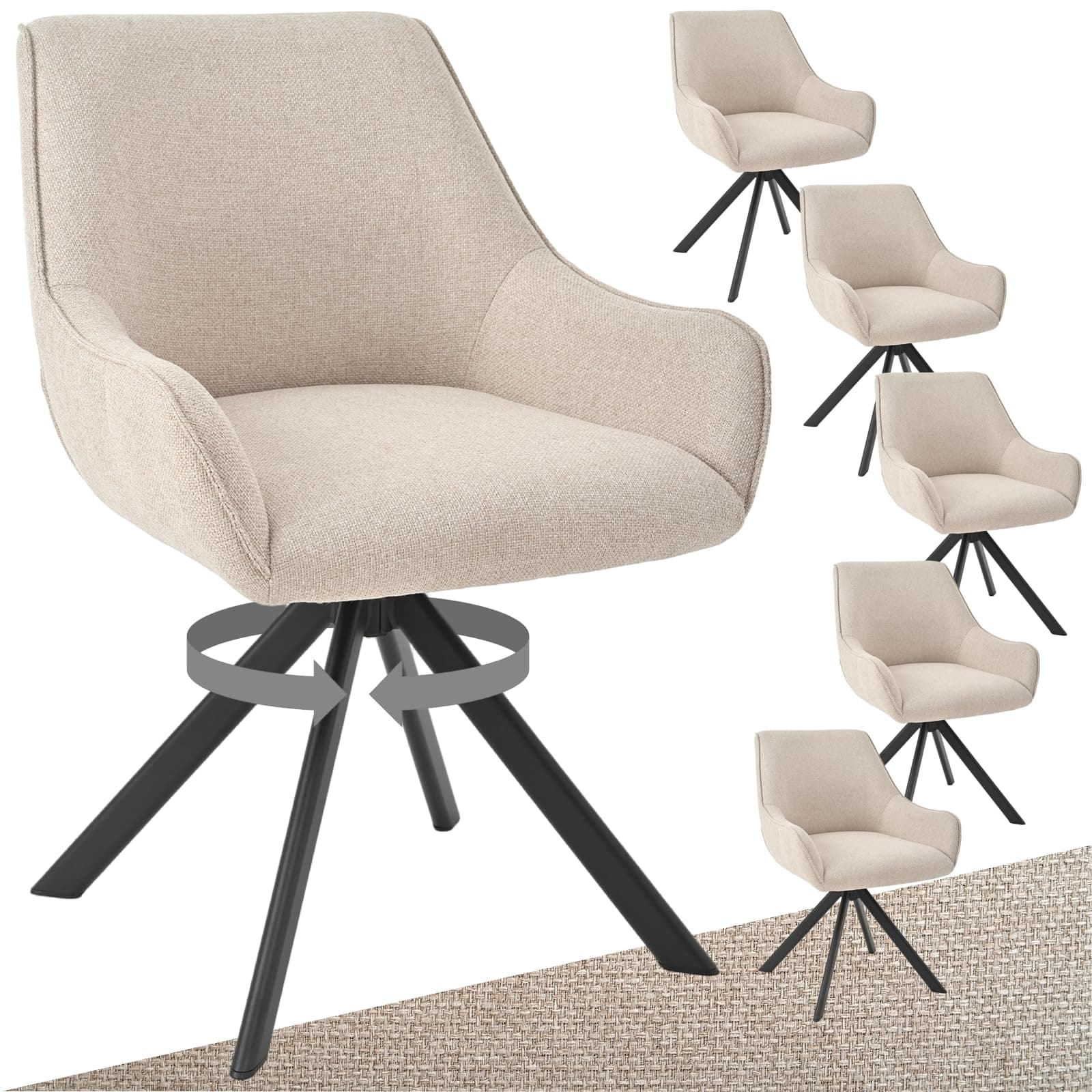 Goeurvant Juego de 6 sillas de comedor giratorias con reposabrazos, giratorias 360°, sillas tapizadas de lino, modernas, giratorias, con estructura de metal y respaldo para comedor, salón, oficina