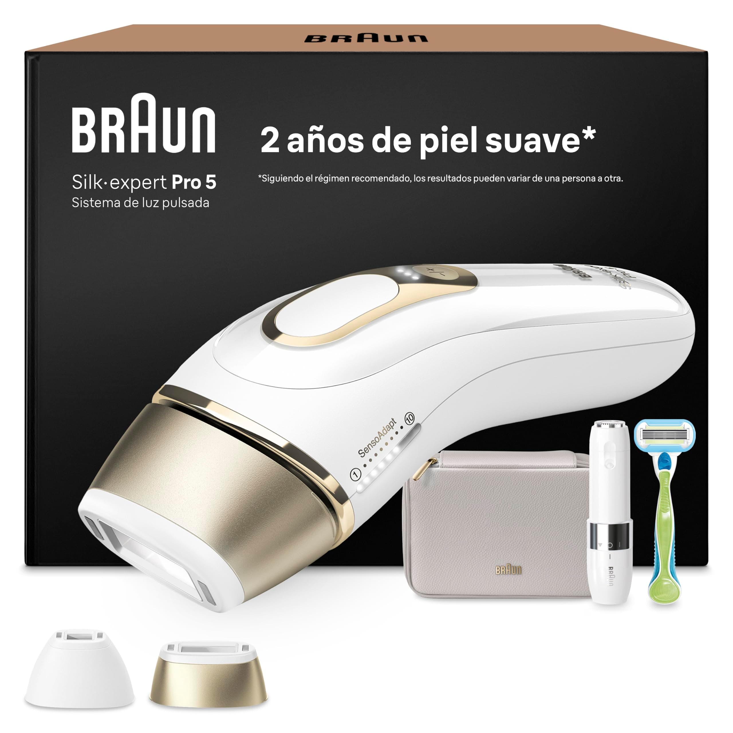 Braun Depiladora Luz Pulsada Silk·expert Pro 5, PL5156, Blanca/Dorada | Alternativa a Depiladora Laser, Eliminación del Vello en Casa, Funda, Maquinilla Venus, 2 Cabezales, Miniafeitadora Facial