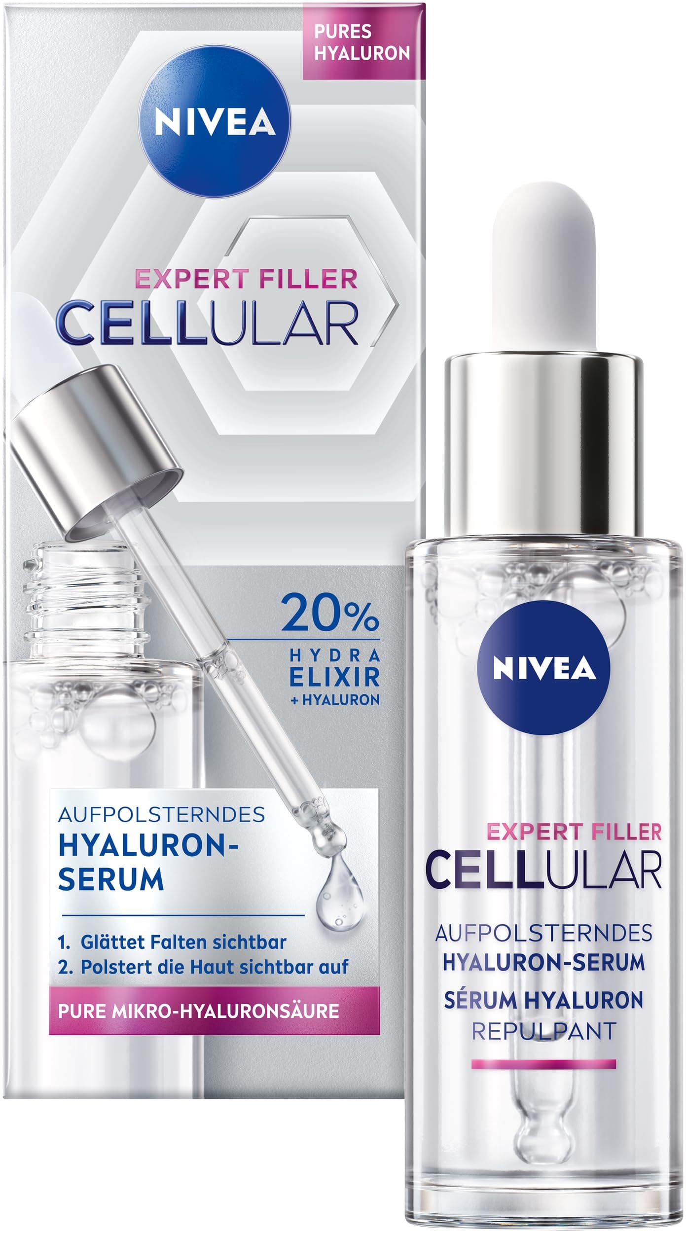 NIVEA Cellular Expert Filler Aufpolsterndes Hyaluron-Serum, leichtes und schnell einziehendes Serum mit purem Hyaluron, Gesichtspflege für geglättete Falten (30 ml)