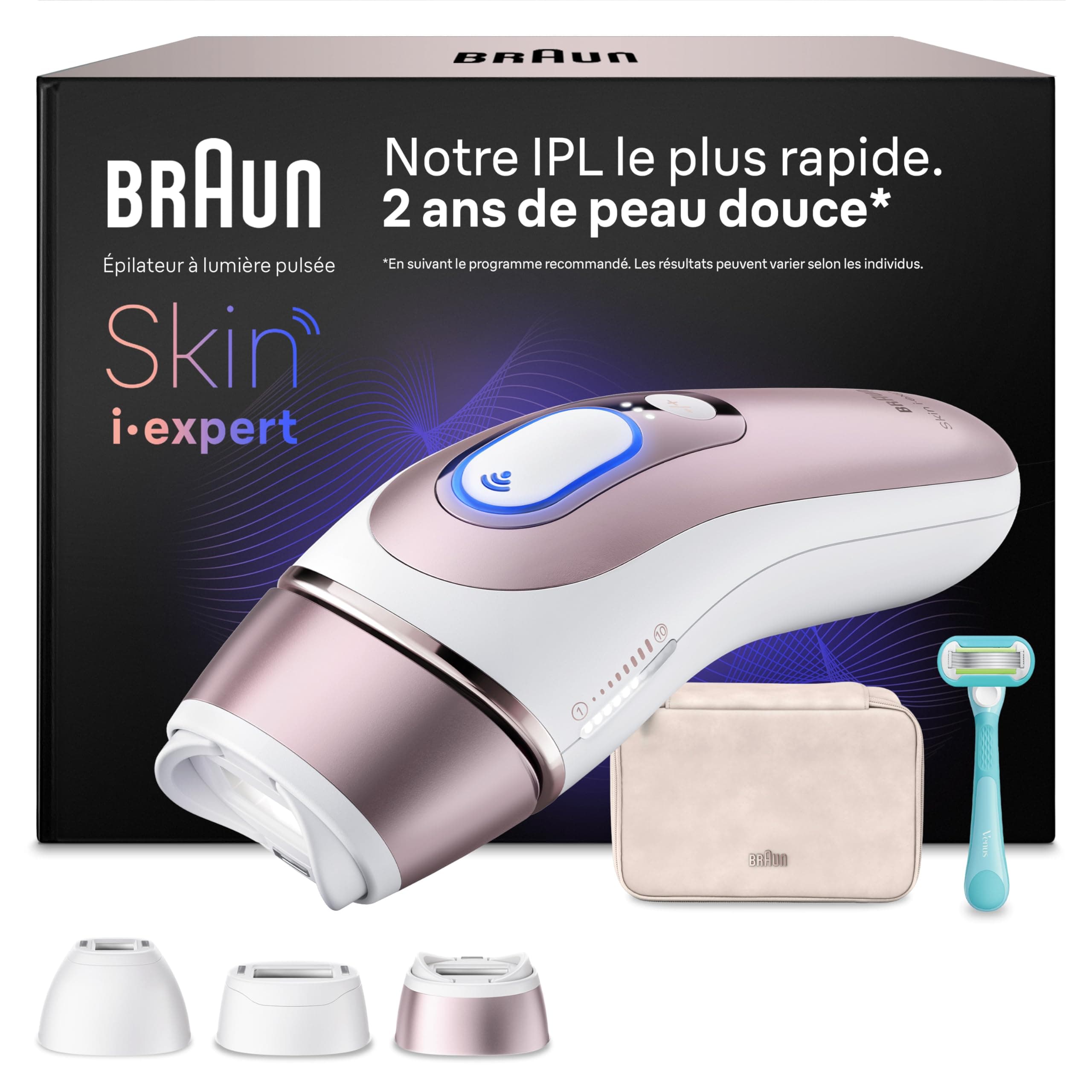 Braun Epilateur Lumiere Pulsee Smart Skin i·expert, Alternative Au Laser à Domicile, Réduction Semi-Définitive Des Poils, Avec Application, Pochette, Rasoir Femme Gillette Venus, 3 Têtes, PL7311