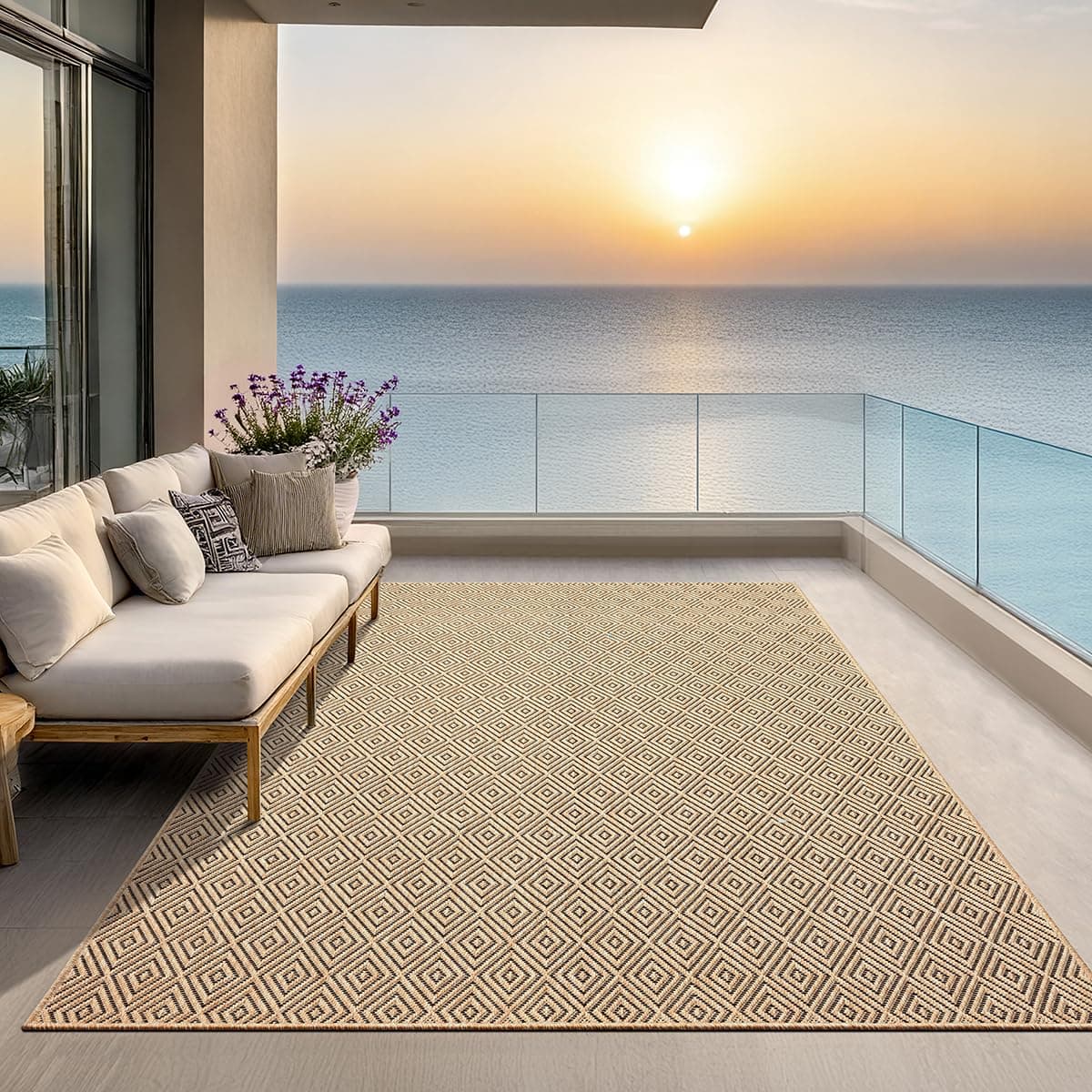the carpet Kansas – Tapis intérieur Confortable et élégant pour Salon, Chambre ou Couloir, Doux et Chaleureux, Style Jute Naturel, également adapté pour l’extérieur, Losange, 200 x 290 cm