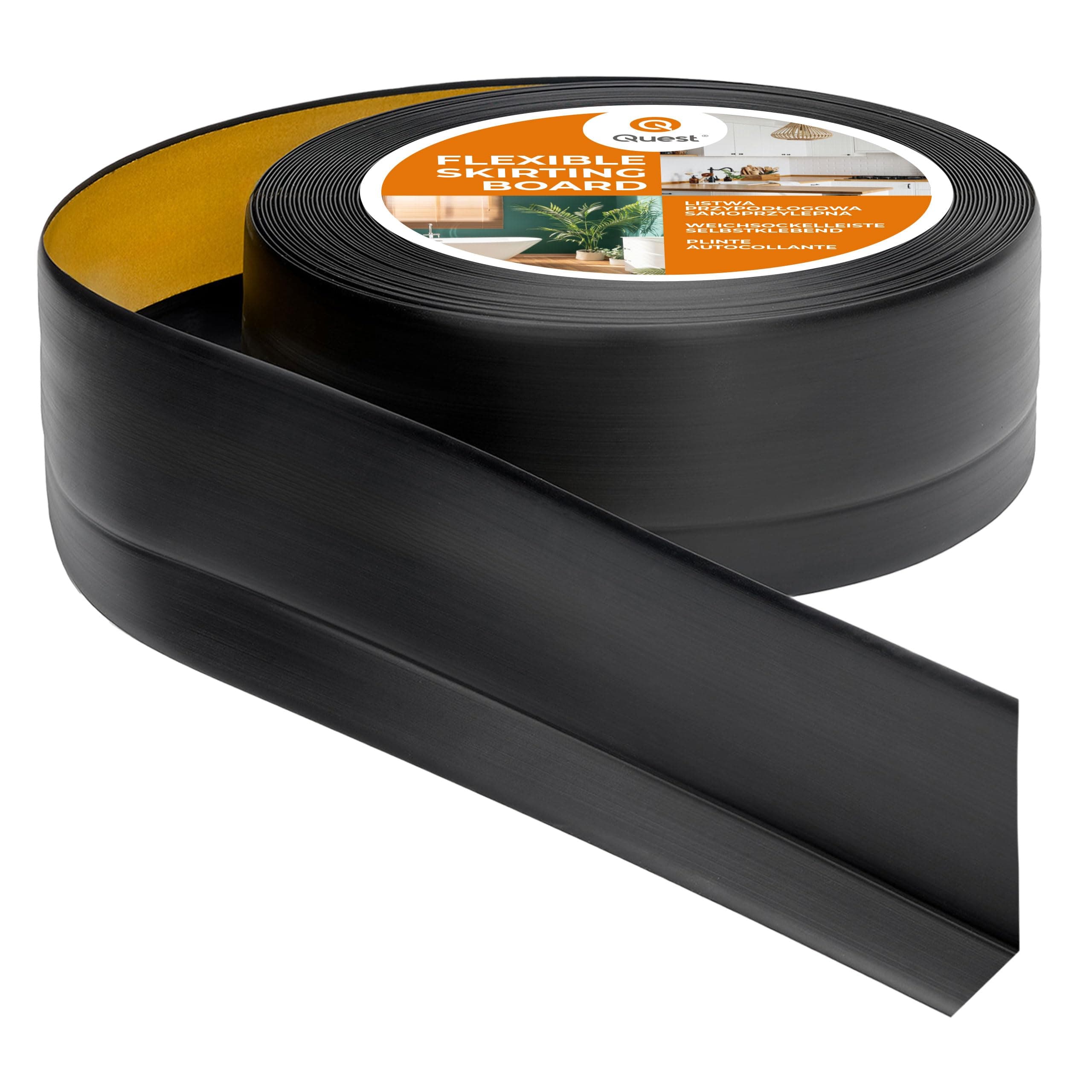 Quest Rodapié PVC Flexible 50x20 mm Autoadhesivo - Negro, 25 m | Listón decorativo para embellecer y proteger, instalación sin herramientas, para cocinas, baños, salones y zonas técnicas