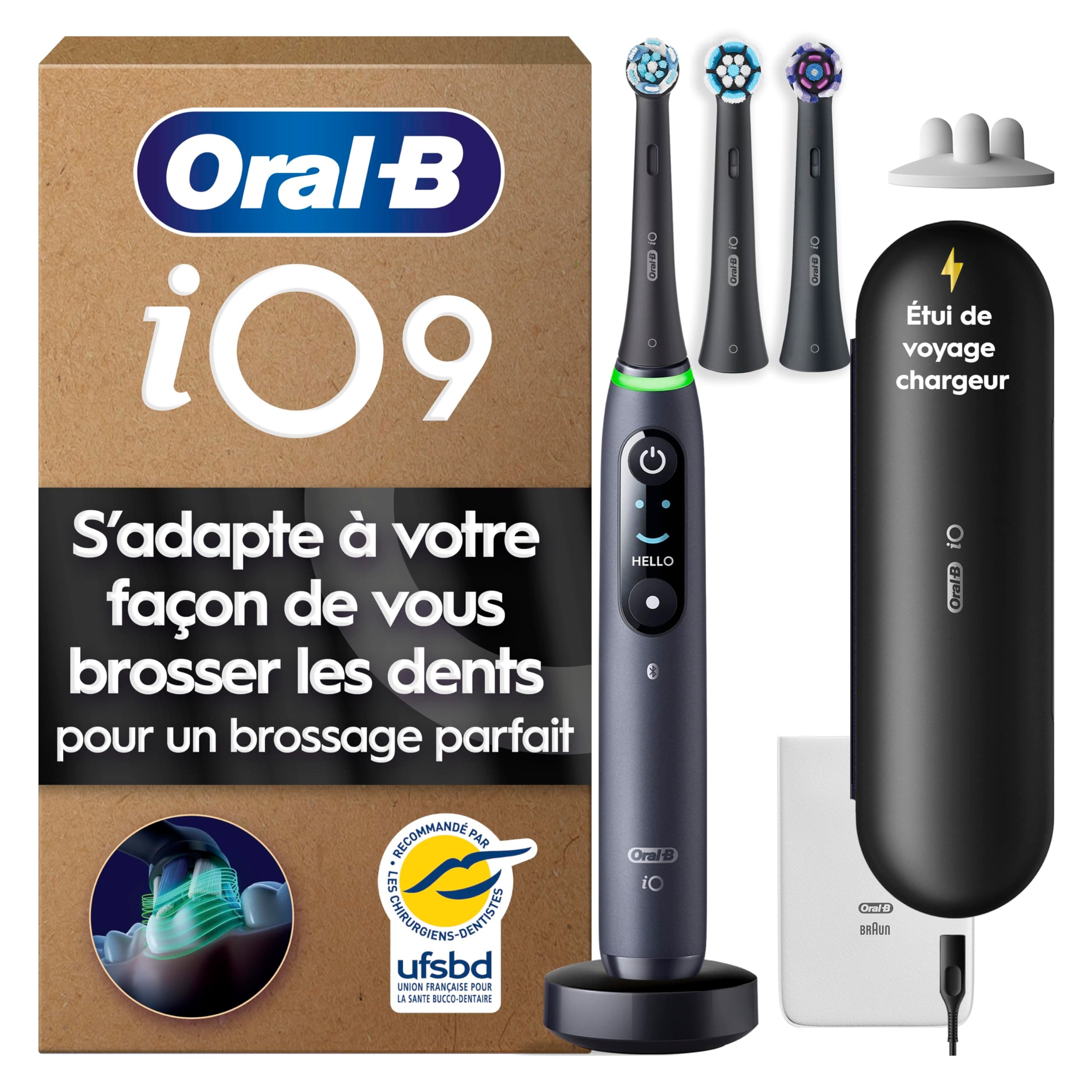 Oral-B Brosse à Dents Electrique iO 9, 3 Brossettes de Rechange, Noire – 7 Modes de Brossage dont Blancheur, Soin Gencives, Charge Rapide de la Batterie, Capteur de Pression, Etui, Emballage en Carton