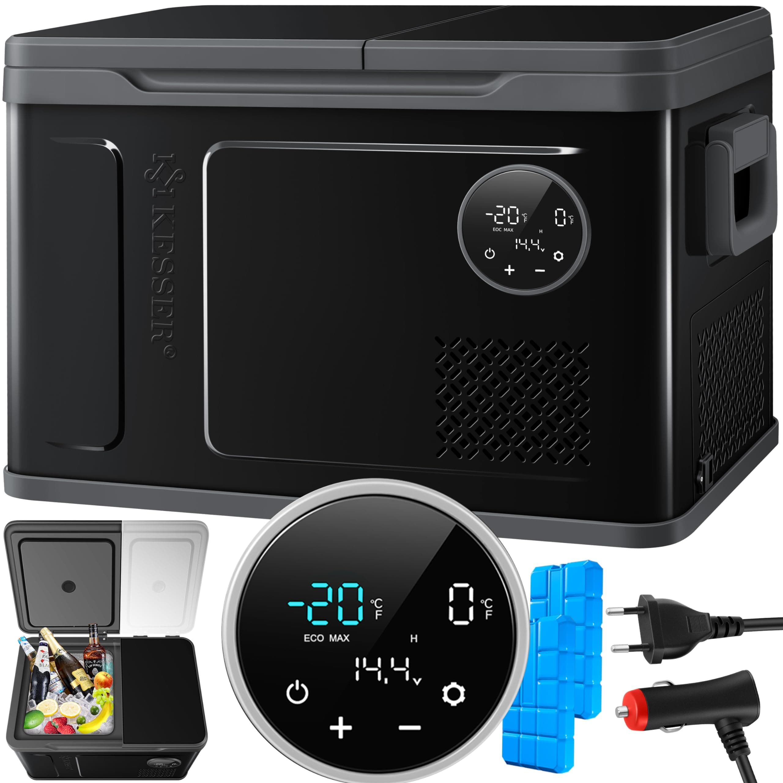 KESSER® Glacière à compresseur 2en1 double zone de réfrigération & de congélation, électrique Glacière de congélation Commande tactile LED 12/24 V 230V, Réfrigération jusqu'à -20 °C 31 Litres