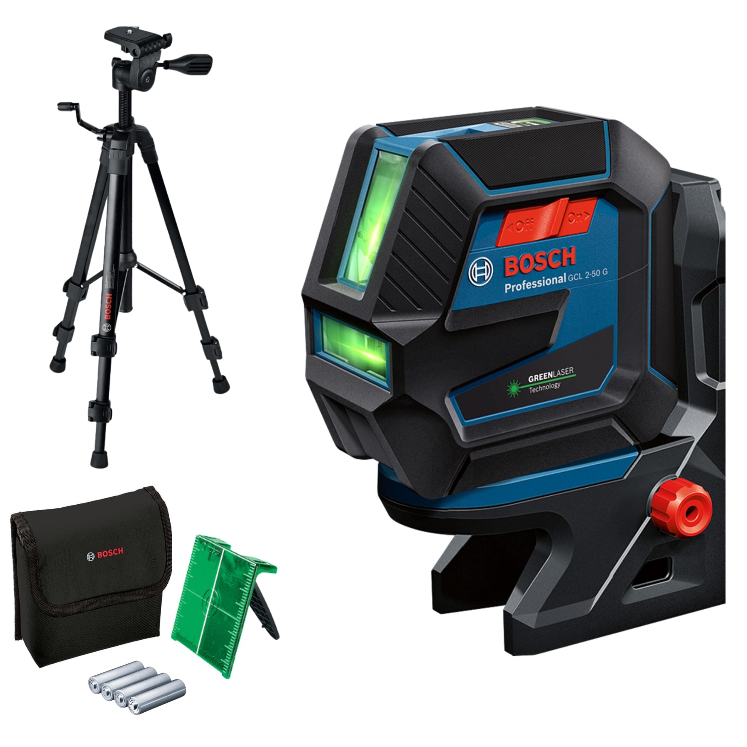 Bosch Professional Niveau Laser GCL 2-50 G (faisceau vert, d'intérieur, support RM 10, trépied BT 150, portée visible : jusqu’à 15 m, 4x piles AA, dans une boîte en carton)