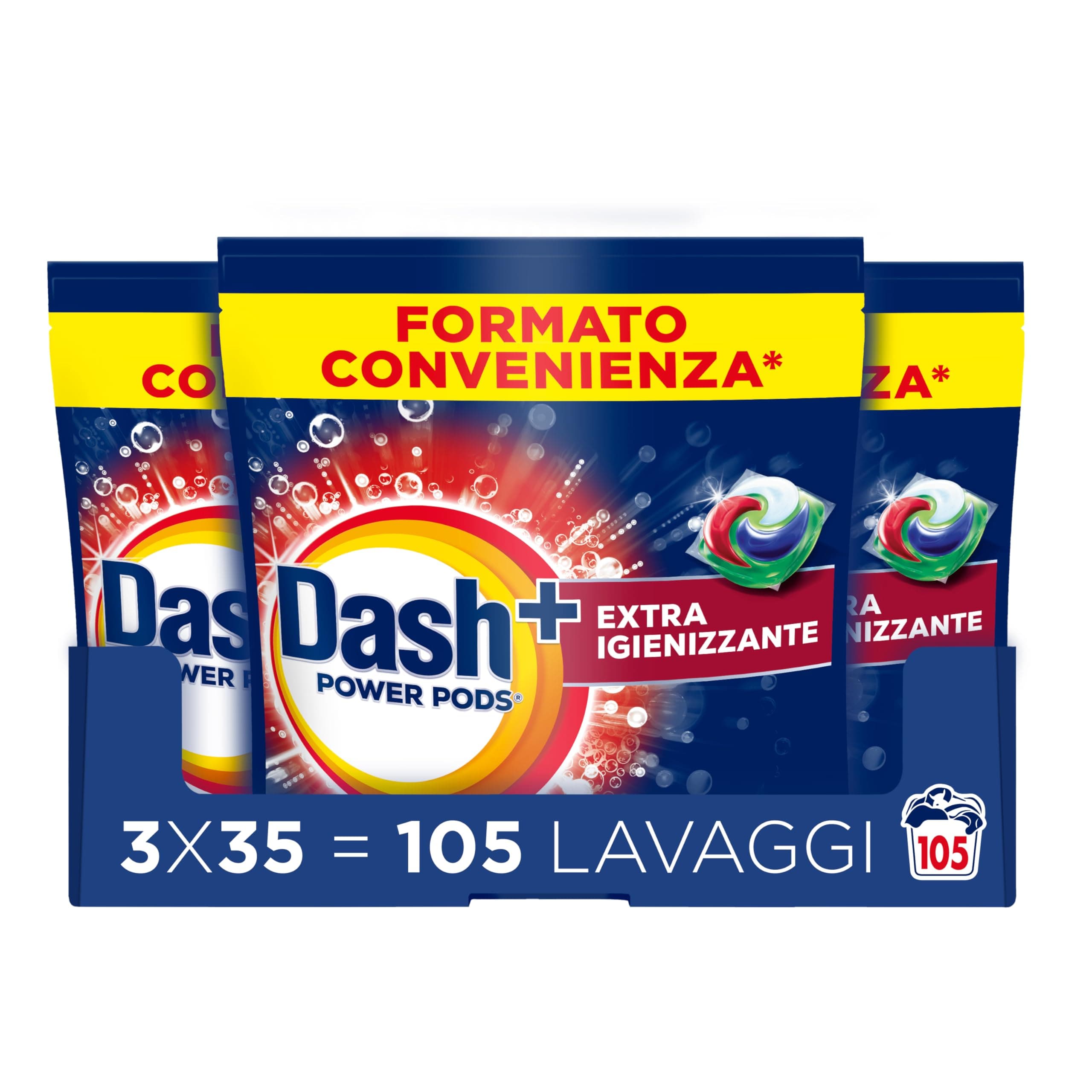 Dash Power Pods Detersivo Lavatrice In Capsule, 105 Lavaggi (3x35), Extra Igienizzante, Pulizia profonda contro sporco e batteri, Pulizia Impeccabile