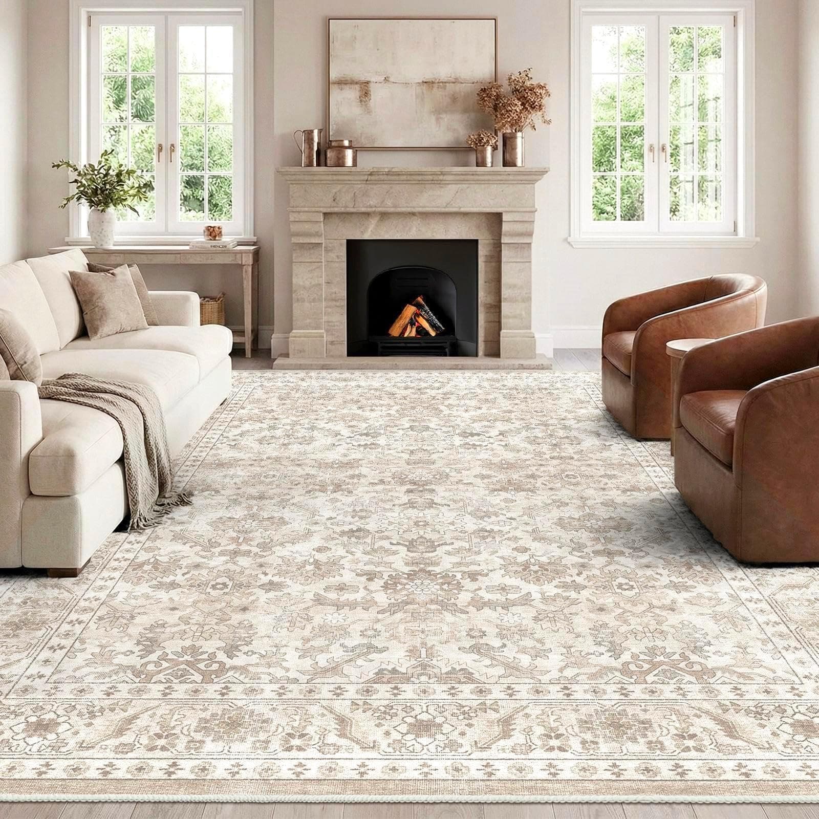 HOMFINE Beige Alfombra Salon Vintage 240x340 cm Grande Alfombras Lavable en Lavadora Pelo Corto Antideslizante Rug Tapete Sala para Habitacion Comedor Dormitorio Cocina Exterior