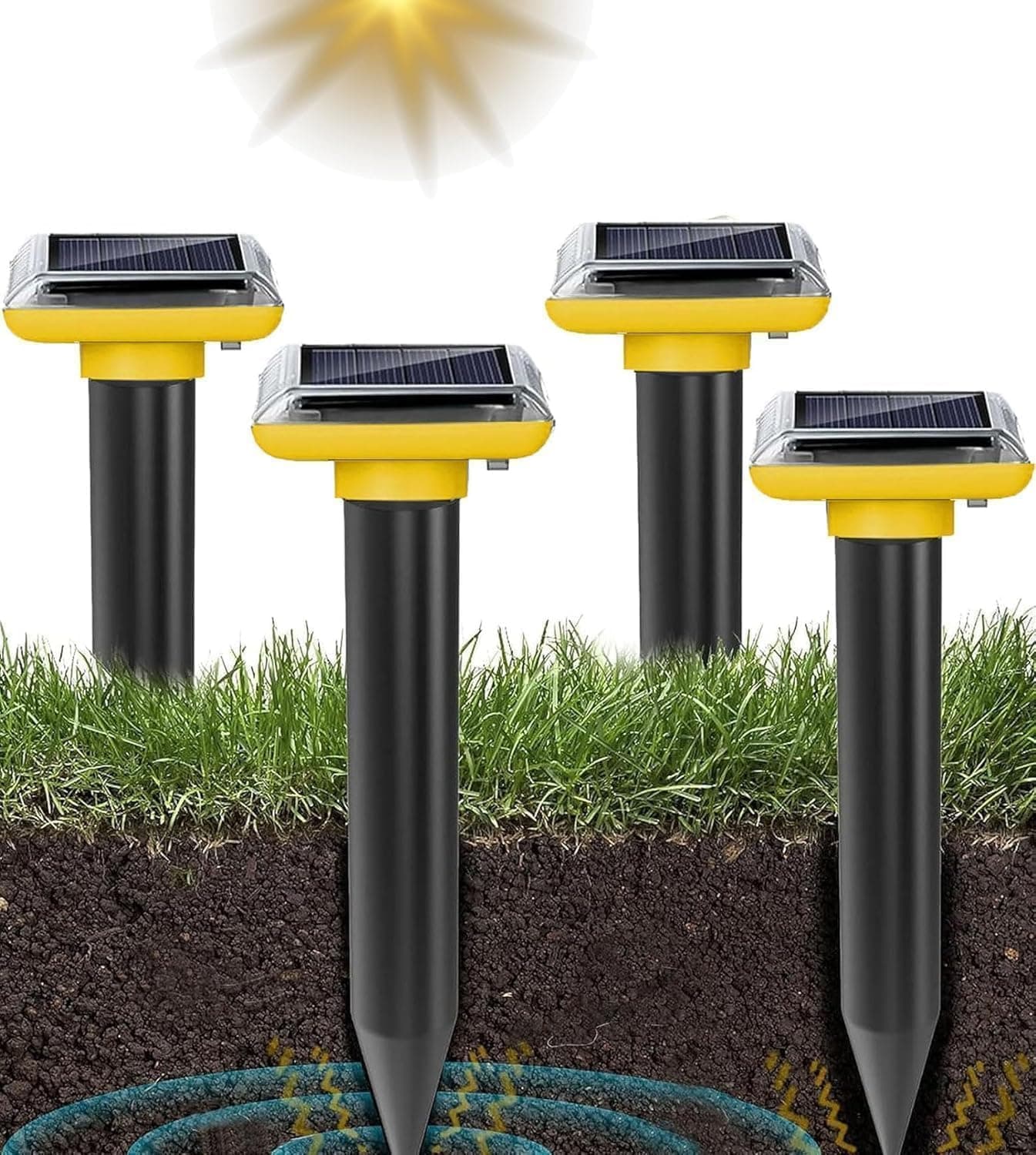 WUGEIN Scaccia Talpe Ultrasuoni Solare, Dissuasori per Talpe, Ultrasuoni per Topi da esterno 4 Pezzi, Repellente Ultrasuoni Respinge Serpente,Gopher per Giardini e Prati