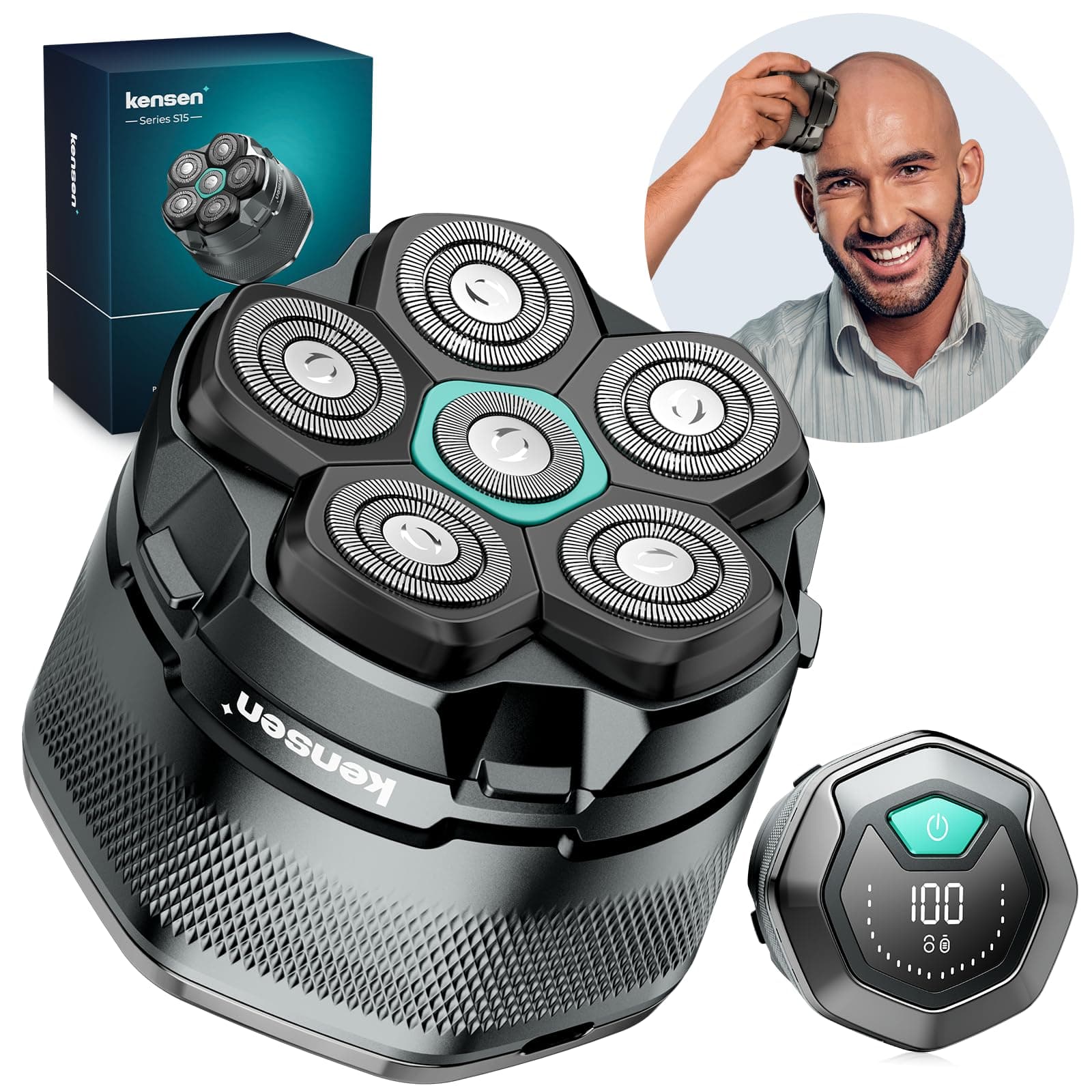 Afeitadora Cabeza Hombre, kensen Maquina Afeitar Hombre para Calvo, 6D Cabezales Maquina para Afeitar Cabeza en Seco y Húmedo con Pantalla LED, 180 mins Uso, IPX6 Impermeable, USB-C