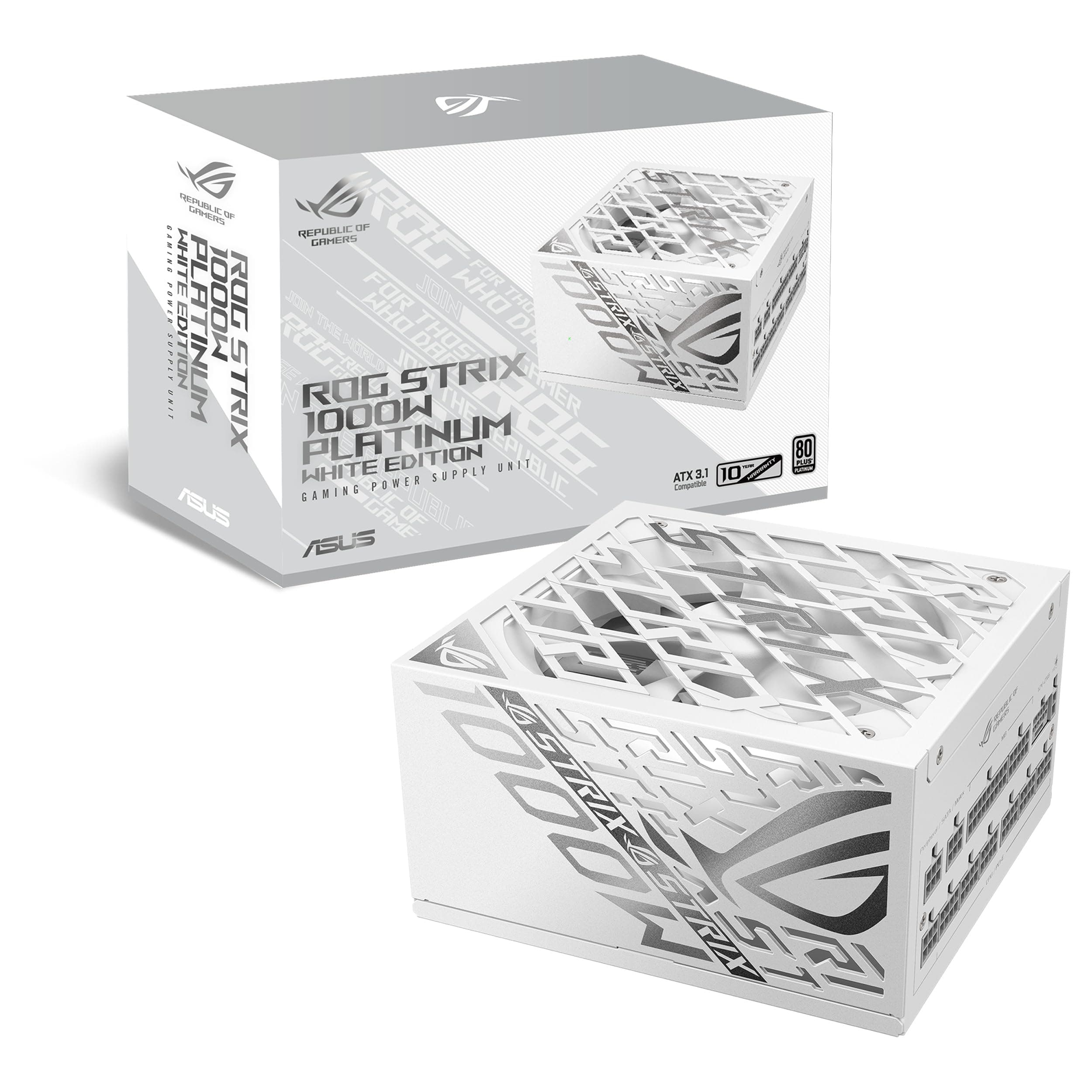 ASUS ROG Strix 1000W Platinum White Edition, Fuente de alimentación ATX Modular, 80 Plus Platinum, ATX 3.1, PCIE 5.1, Conector 12V-2x6, MOSFET GAN, estabilizador de Voltaje 'GPU-First'