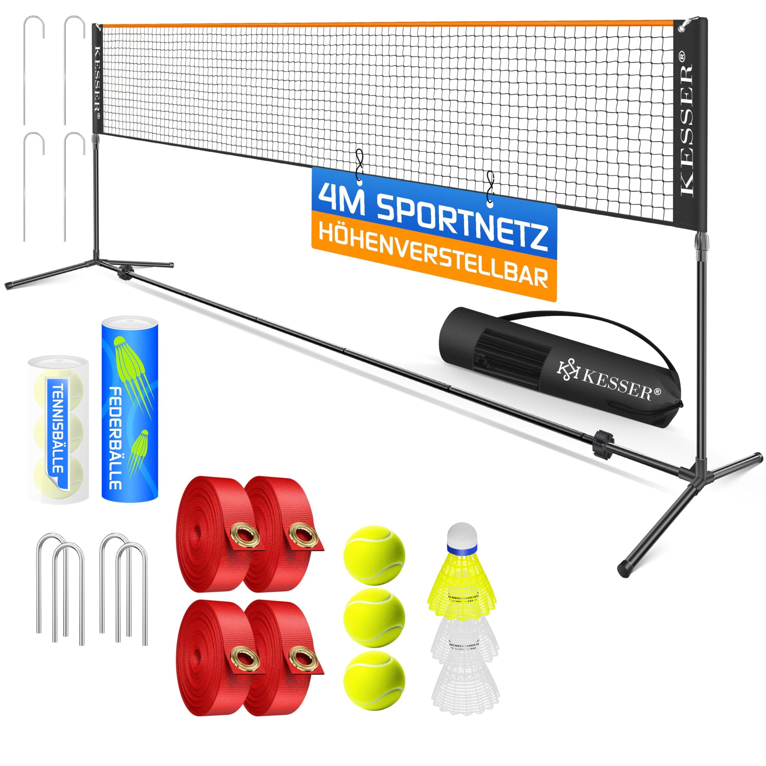 KESSER® Badmintonnetz Tennisnetz | Federballnetz 3-Fach-Höhenverstellbar 107/120/155cm, Set bestehend aus Netz, 3X Federball & 3X Tennisball, Transporttasche, stabilem Eisen-Gestell, Indoor & Outdoor
