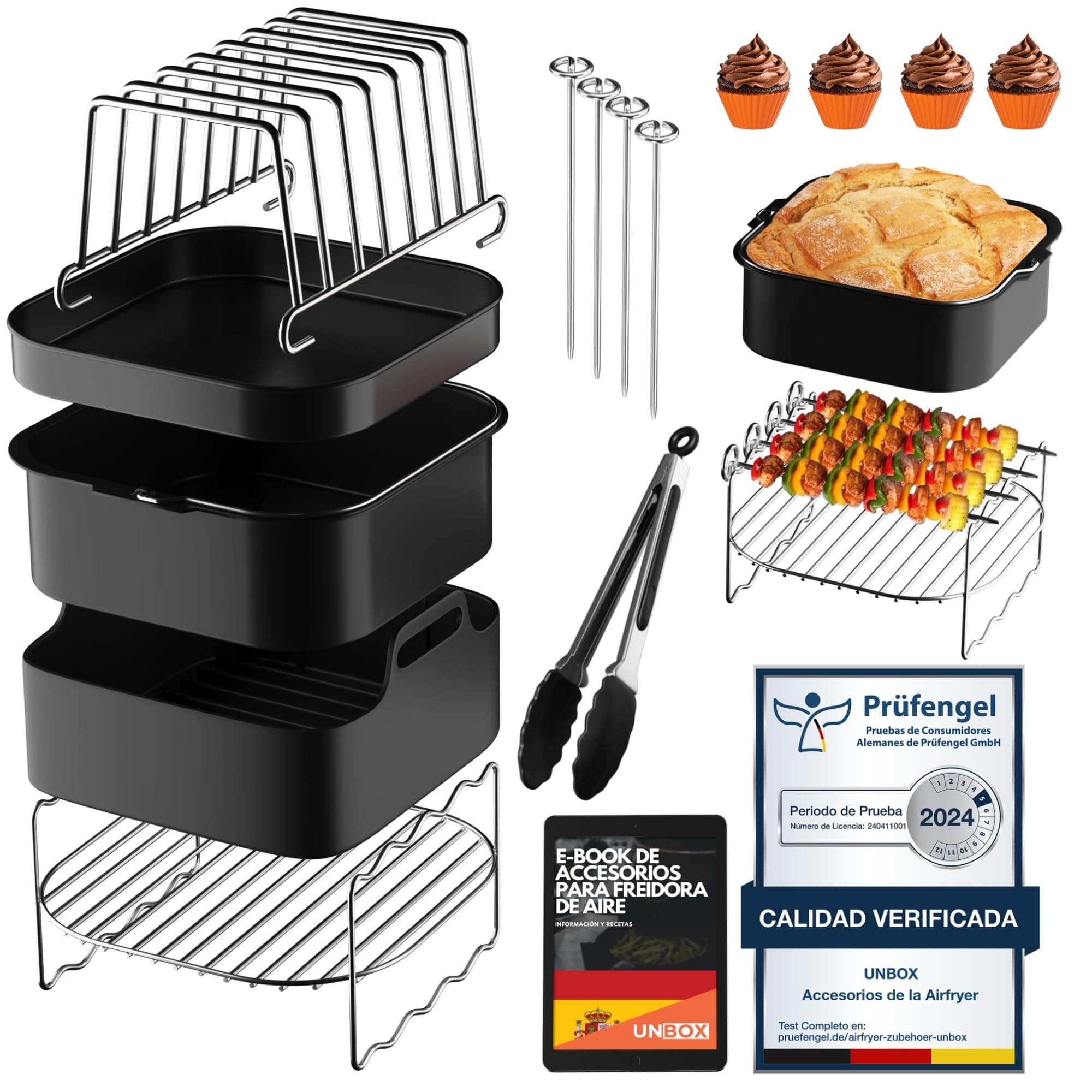 UNBOX Accesorios para Freidora de Aire compatible con Cecotec 6L, 6,5L, Cosori 5,5L, Philips Airfryer serie 2000 6,2L - 15 Piezas, Accesorios Air Fryer Cuadrada XXL con Molde Silicona, sin BPA