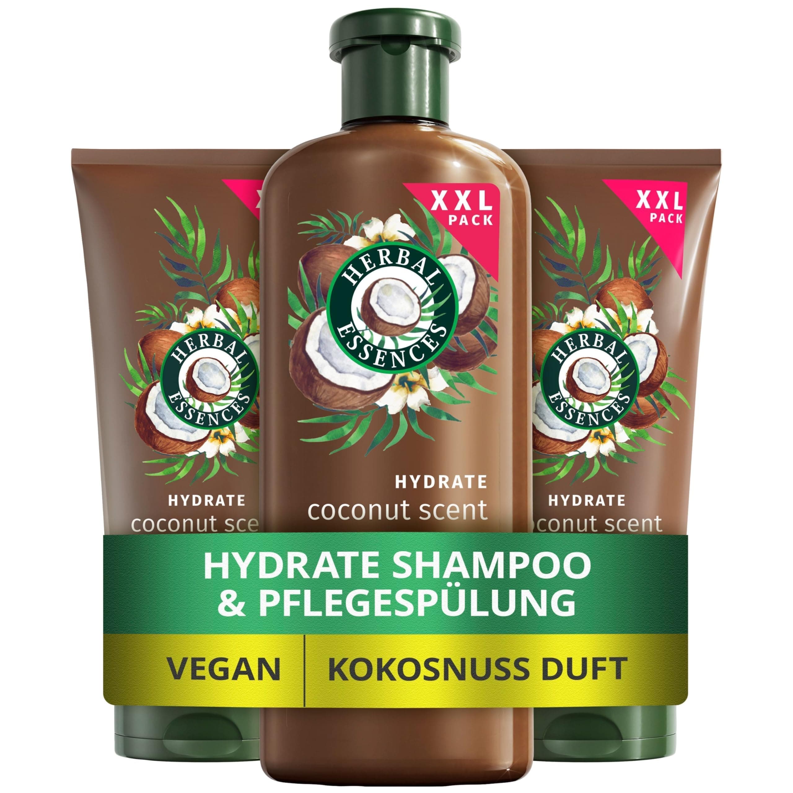Herbal Essences Hydrate Feuchtigkeits Shampoo (1 x 680ml) und Conditioner (2 x 350ml) Set mit Kokosnussduft, Von sehr Trockenem Haar zu Weichen Haaren