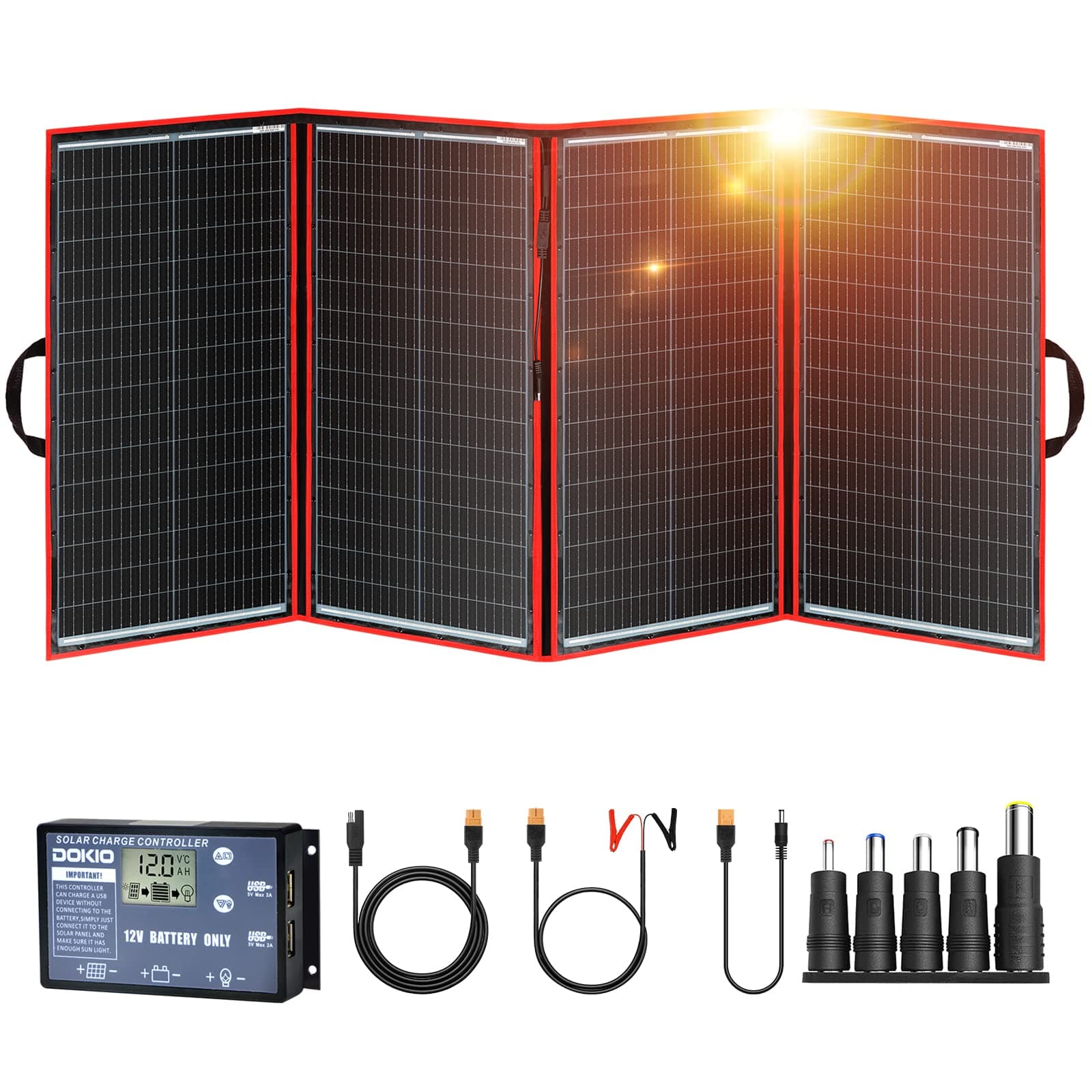 DOKIO 300W Pannello Solare Portatile Pieghevole Monocristallino + Regolatore 20A con 2 Presa USB (5V 2A) plug and play