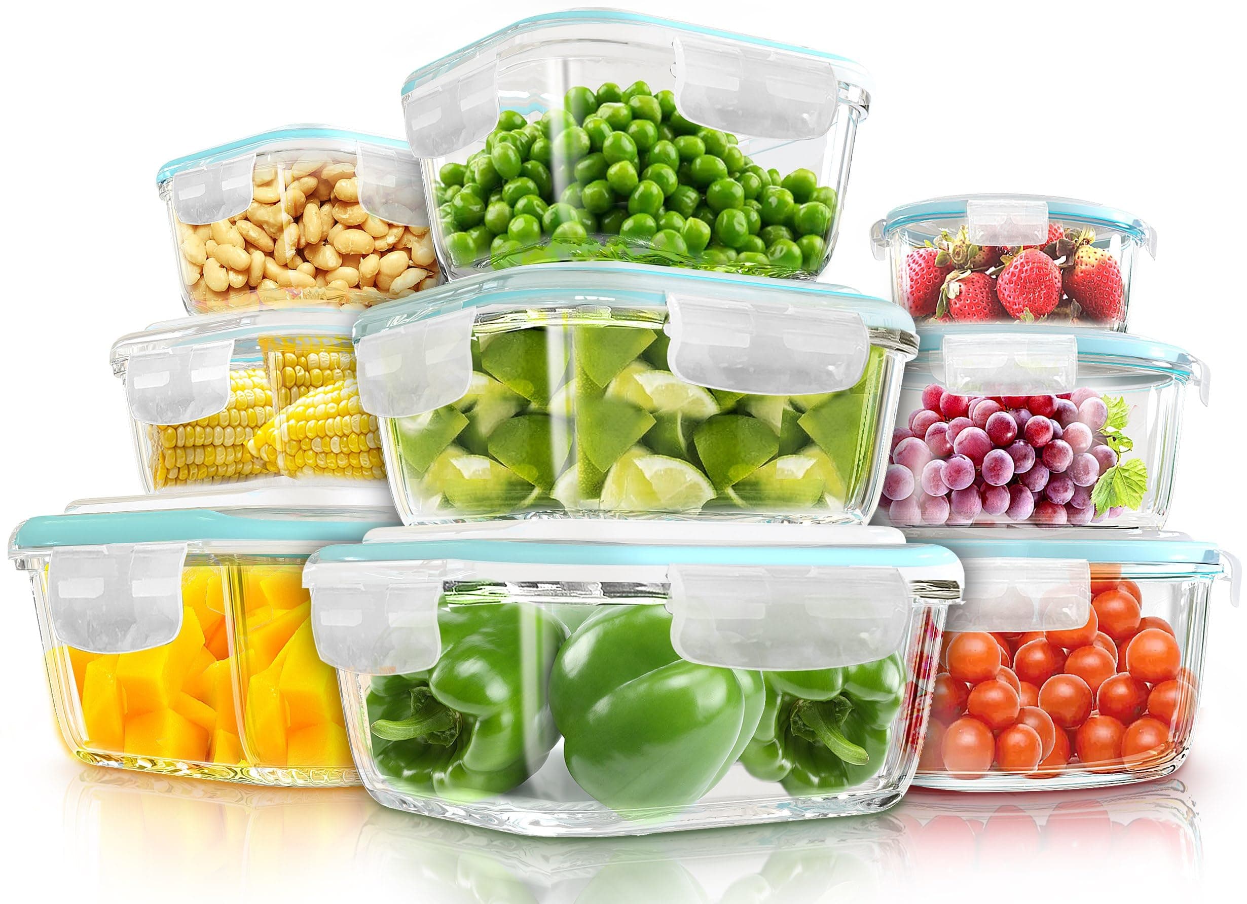 KICHLY - Recipientes De Vidrio Para Alimentos - Paquete De 9 Recipientes Herméticos Para Alimentos Con Tapas Transparentes - Aptos Para Lavavajillas Y Microondas, Sin BPA