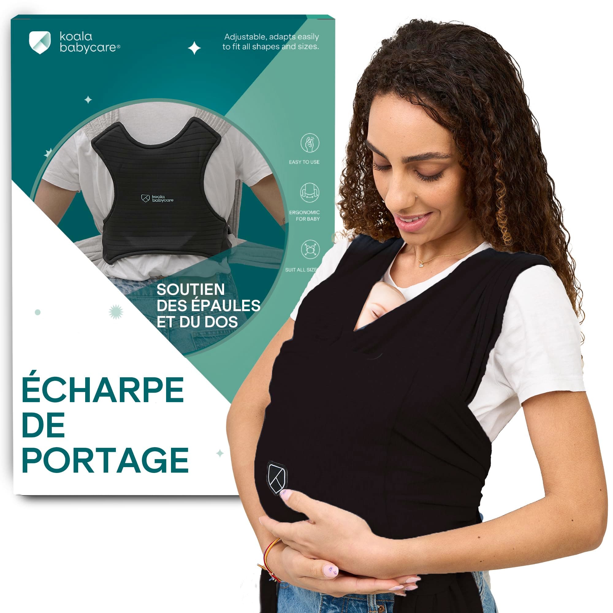 Koala Babycare Une écharpe de portage facile à enfiler, réglable, unisex - Porte-bébé multifonctionnel pour jusqu’à 9 kg - Noir - Design Enregistré KBC®