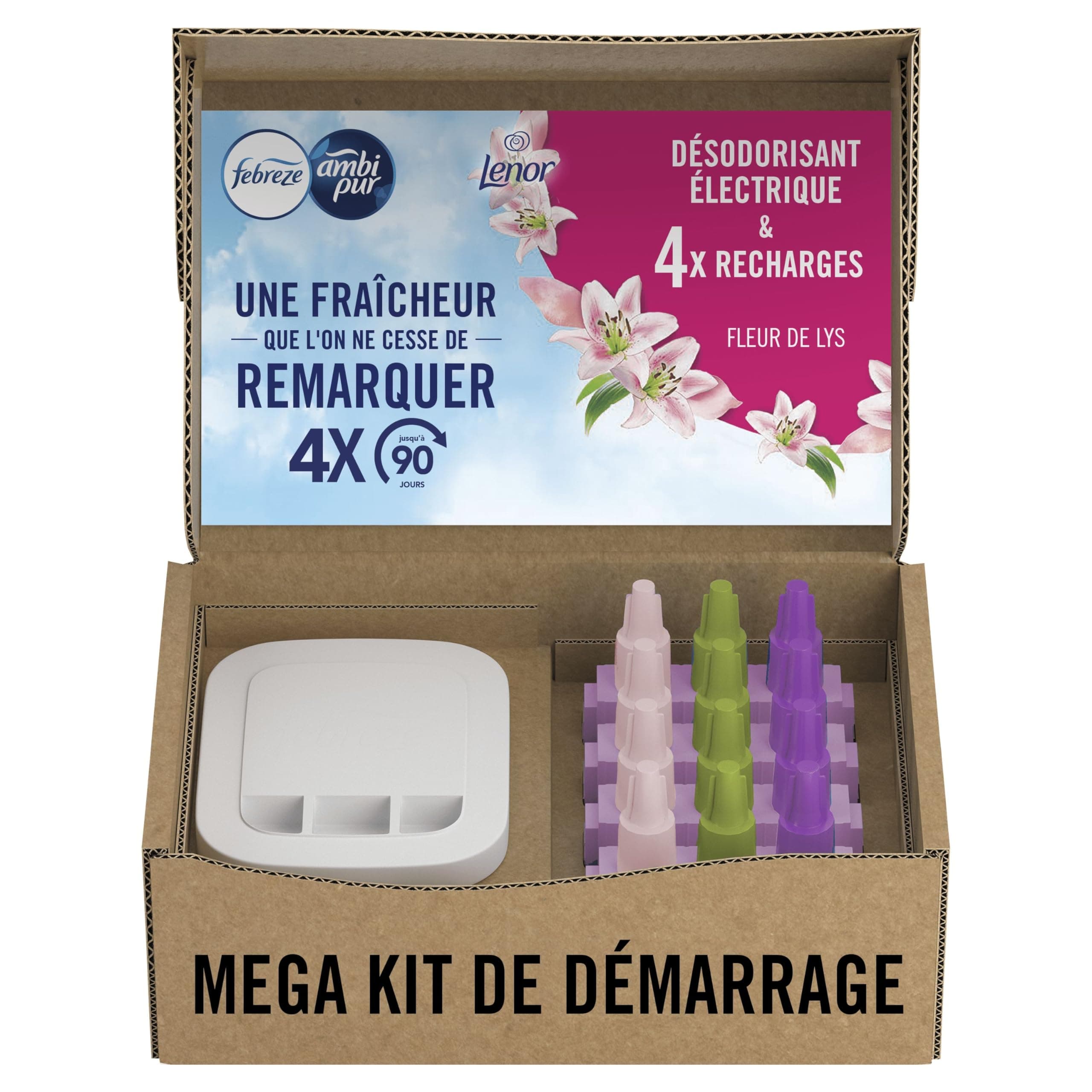 Febreze Désodorisant Électrique, Kit de Démarrage (1 Diffuseur + 4 Recharges de 20ml + 3 Parfums en Alternance), Parfum Fleur de Lys, Combat les Odeurs en Continu, Fraîcheur Jusqu'à 90 Jours