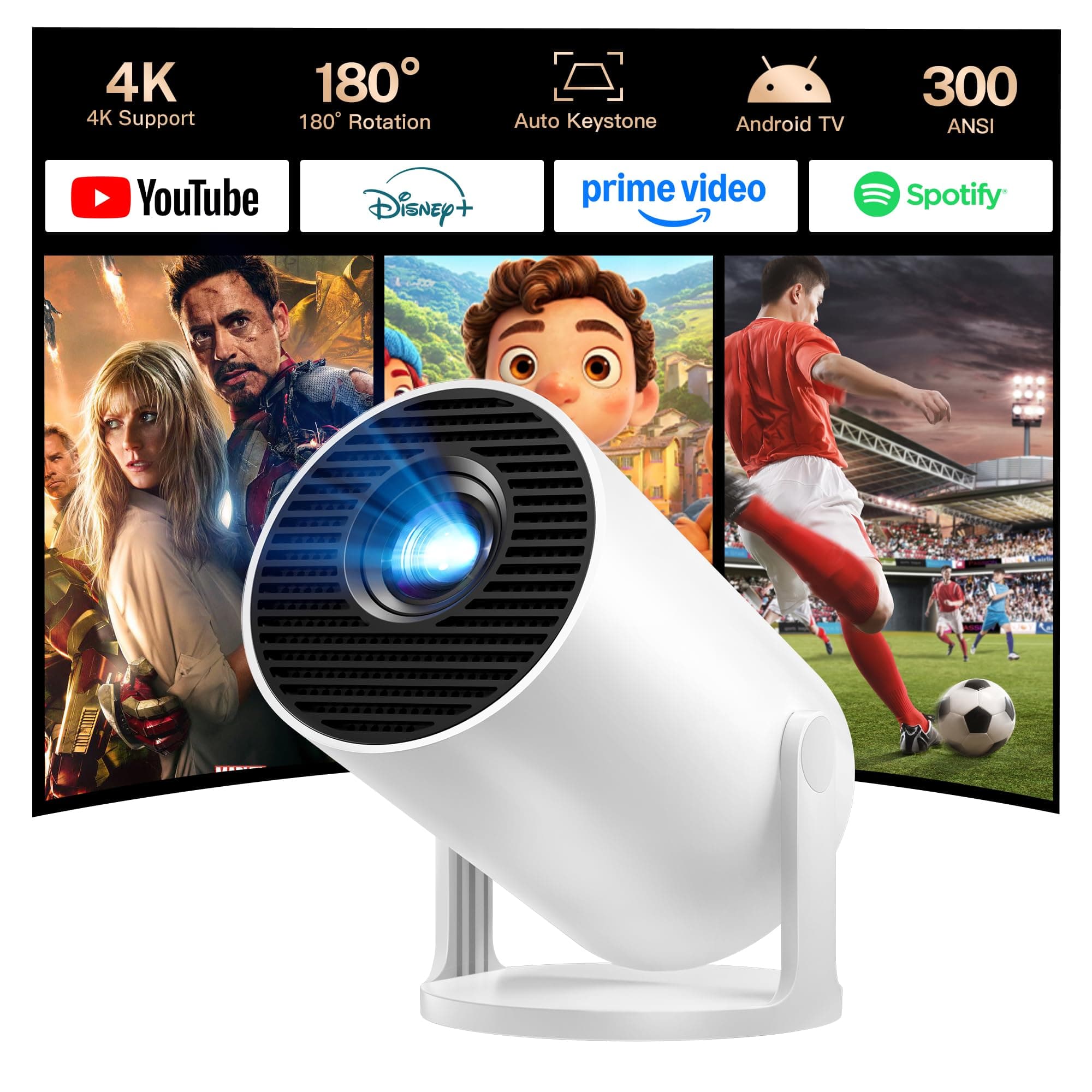 [Auto Keystone] Proyector Inteligente con Wi-Fi 6 Bluetooth 5.4, 1080P 4K Soporte, Android 14, Apps Integradas, Mini Proyector Portatil Compatible con HDMI/iOS/Android/US LYNCAST HY300 Pro