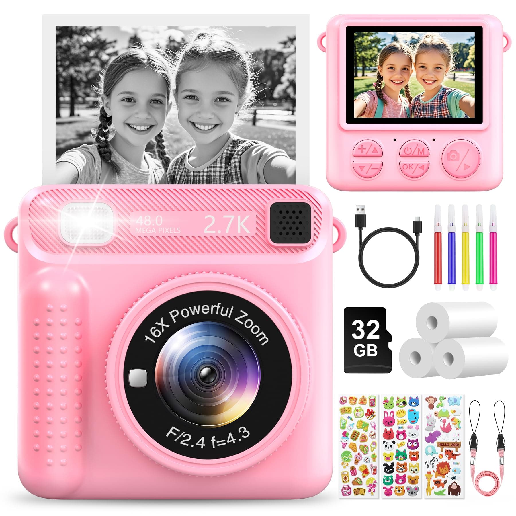 LUVTOY Macchina Fotografica Bambini Istantanea, 2.4 Pollici 1080P Fotocamera Bambini Digitale con 32GB Scheda e Carta da Stampa, Giocattolo Regalo di Natale Compleanno Bambino e Bambina 3-12 Anni