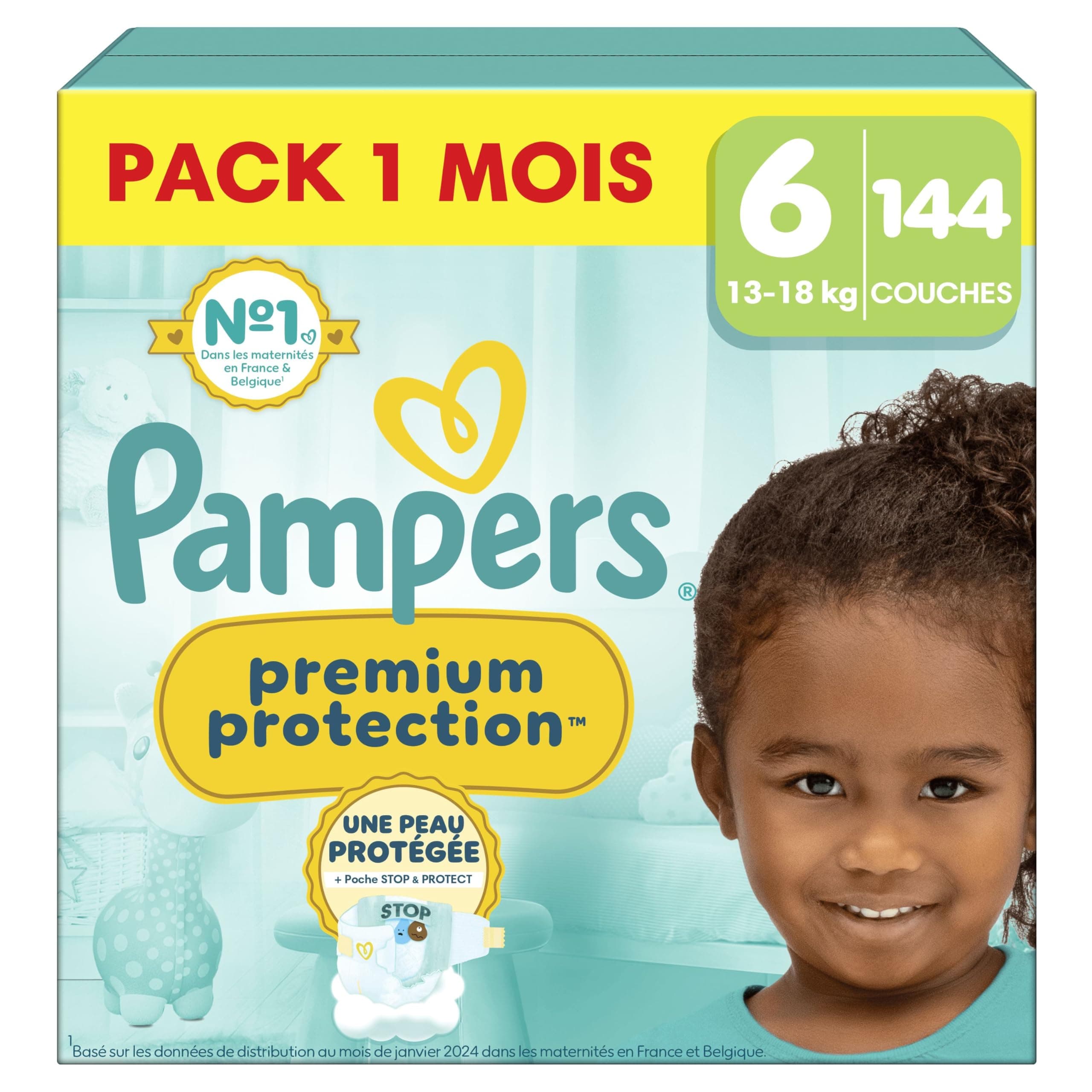 Pampers Premium Protection, Taille 6, 144 Couches, 13-18kg, Double Protection pour la peau et contre les fuites Avec Poche Stop & Protect pour aider à capturer les Fuites, Pack 1 Mois