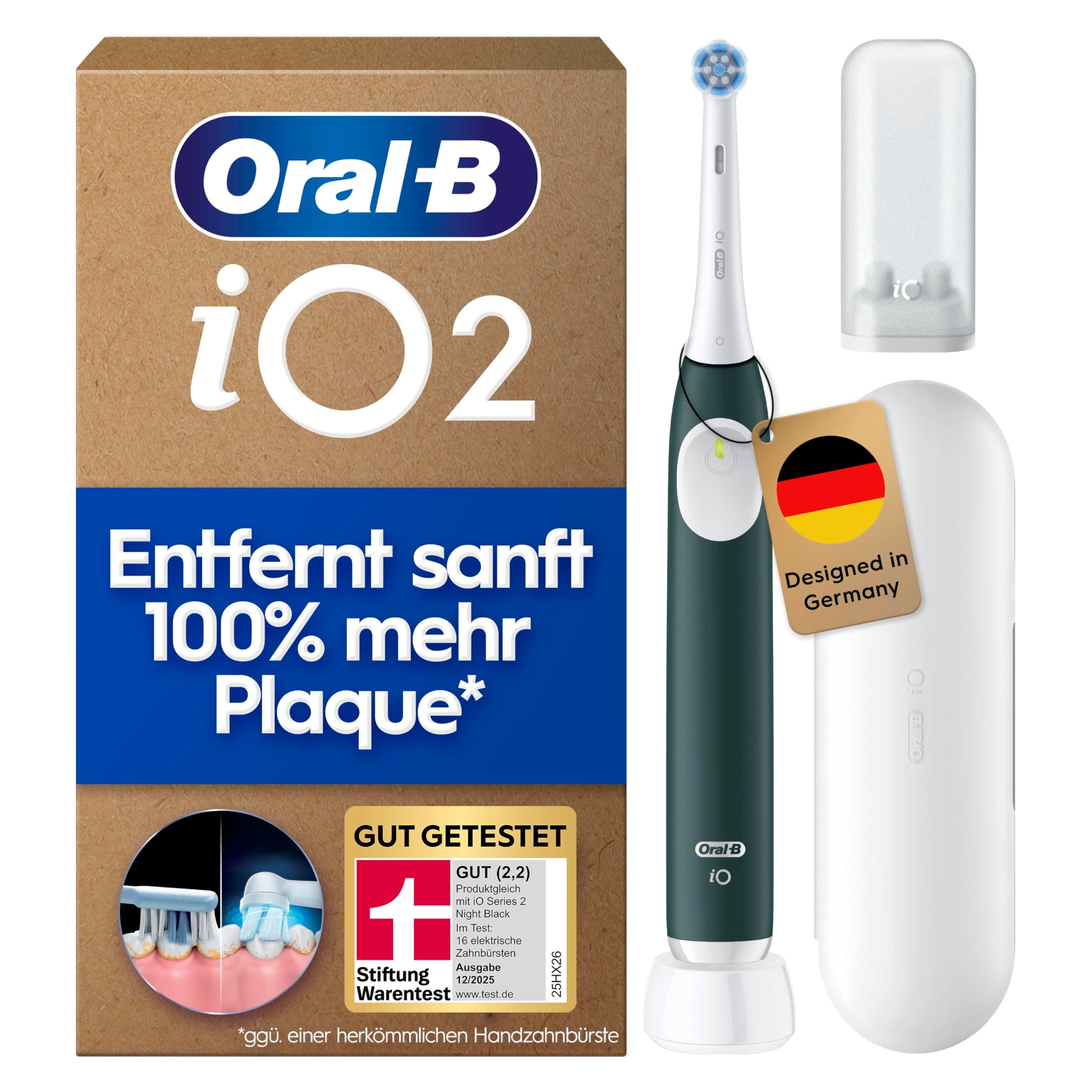 Oral-B iO Series 2 Elektrische Zahnbürste — Electric Toothbrush, Inkl. 1 Aufsteckbürste, Reise-Etui — 3 Putzmodi für Zahnpflege, GUT GETESTET (2,2) von STIFTUNG WARENTEST, Designed by Braun, Grün