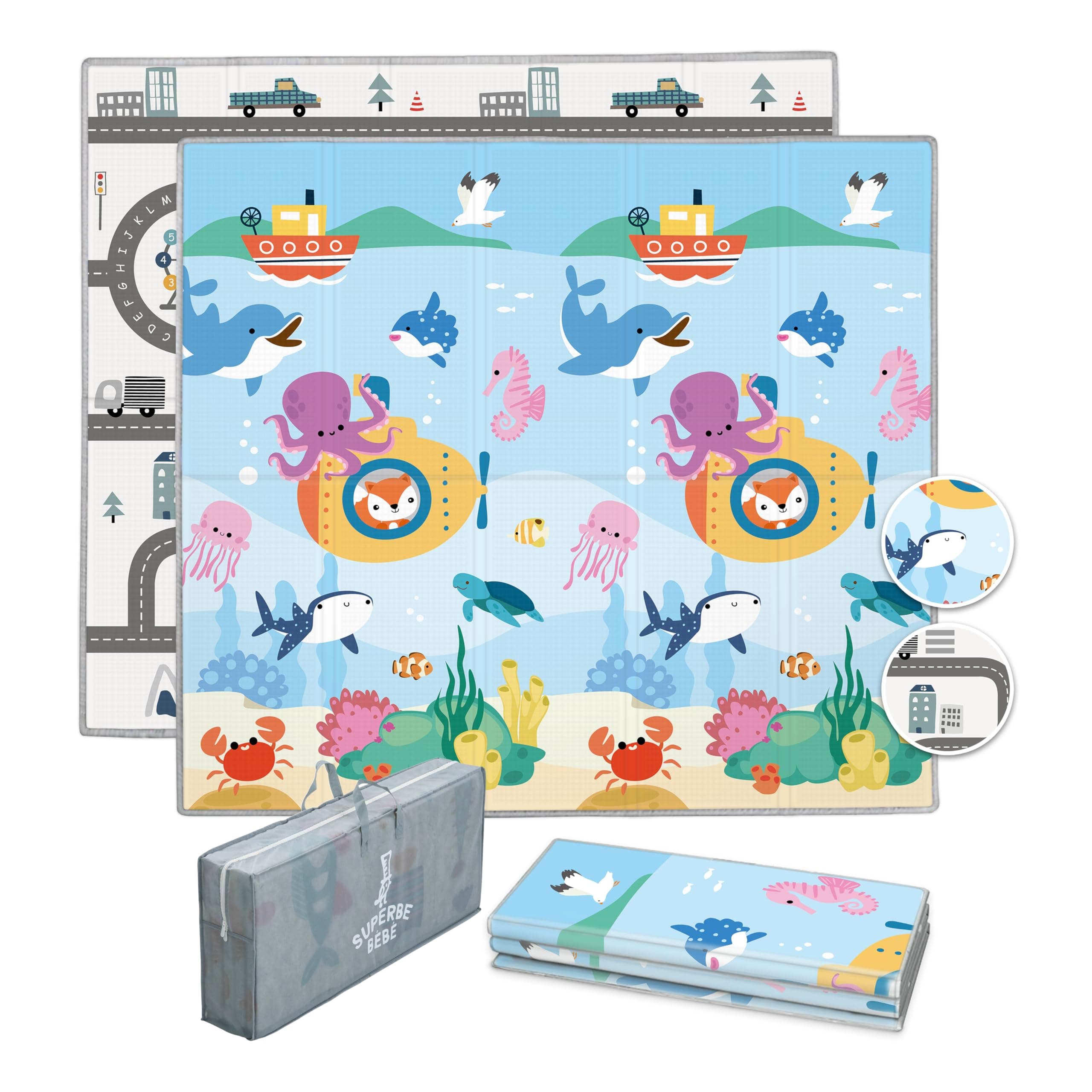 Superbe Bebe Tapis D'éveil Bébé Enfant Pliable Epais Réversible 150x180x1cm XL - Tapis De Jeu De Sol et De Motricité en Mousse Favorisant Le Développement Sensoriel - Cadeau Naissance Sea