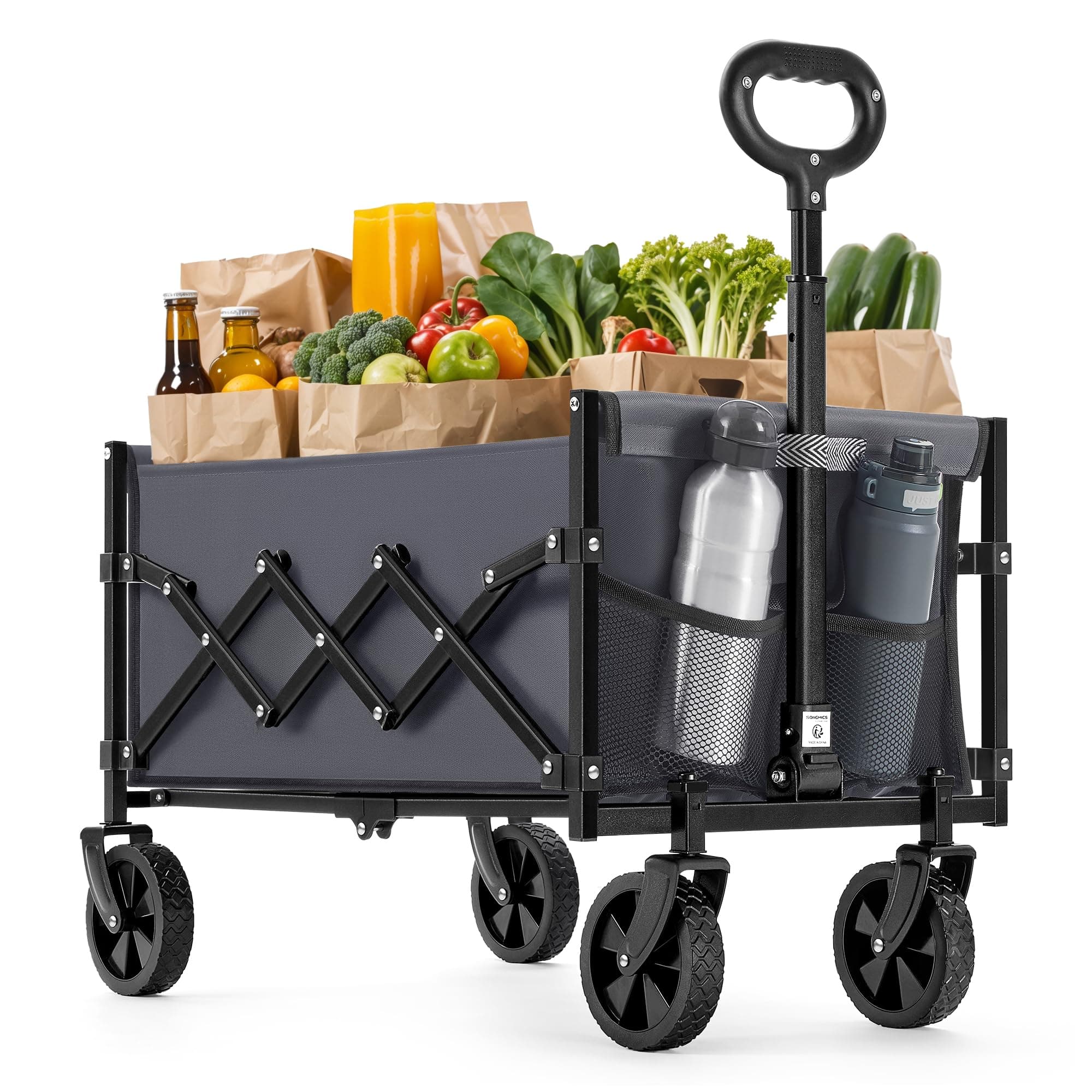 SONGMICS Chariot de Transport Pliable, avec Poignée, 4 Roues Renforcées Dont 2 Roues Universelles, Charge 150 kg, pour Plage, Camping, Jardin, Gris Ardoise GFW909G01