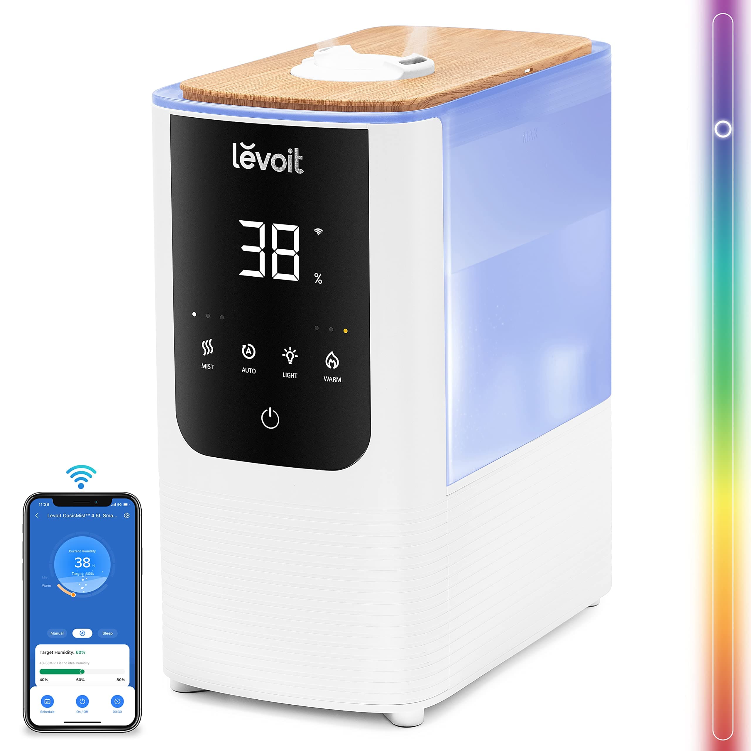 LEVOIT Umidificatore Ambiente Intelligente con Nebbia Calda e Fredda per 45 ore e 40 m², Modalità Auto, Luce Personalizzata, Silenzioso a 26 dB per Neonati e Piante, Timer, OasisMist