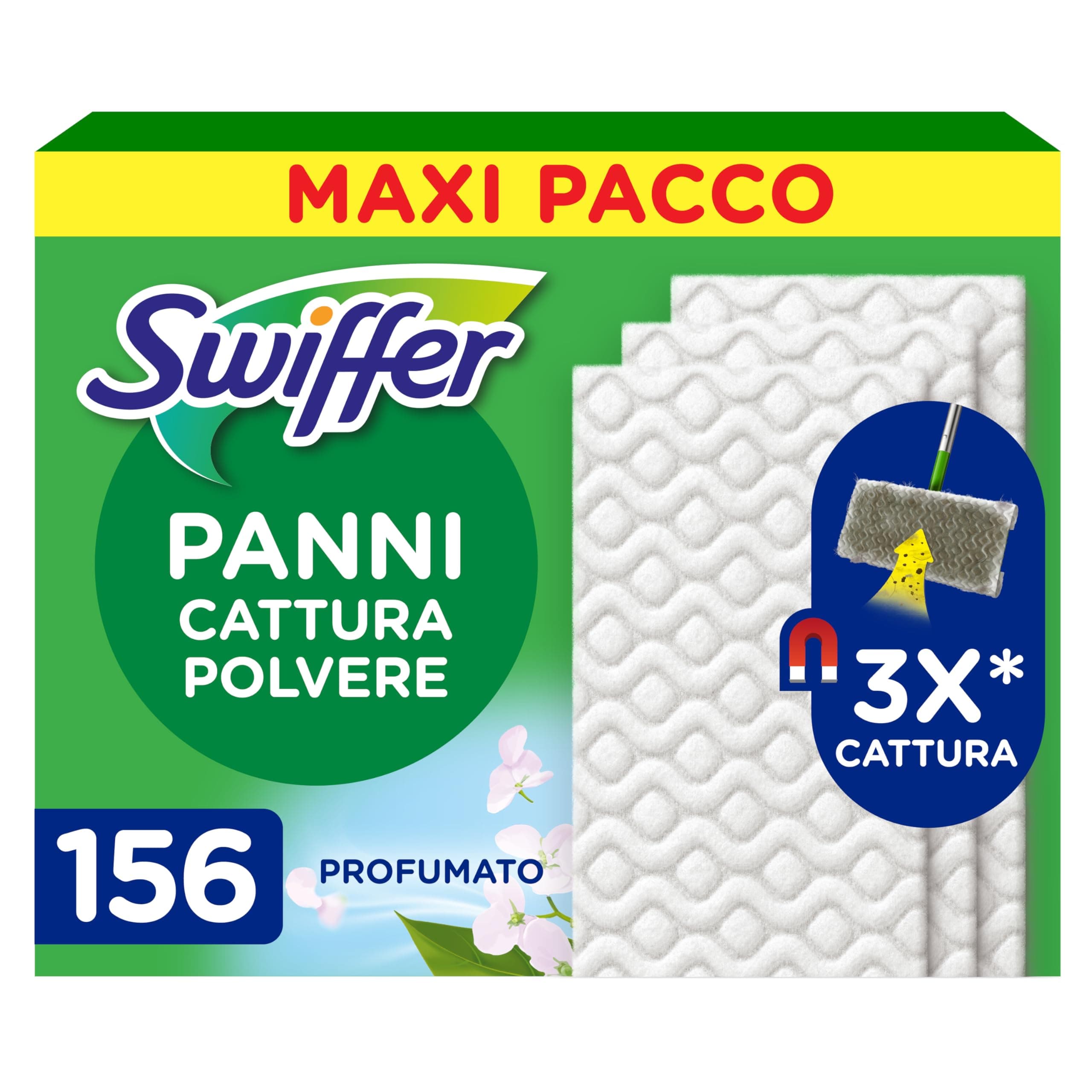 Swiffer Panni Cattura Polvere, 156 Panni Microfibra Dry, Cattura Polvere e Sporco, Ottimo per Tutti i Tipi di Pavimenti e per i Peli di Animali, Maxi Formato