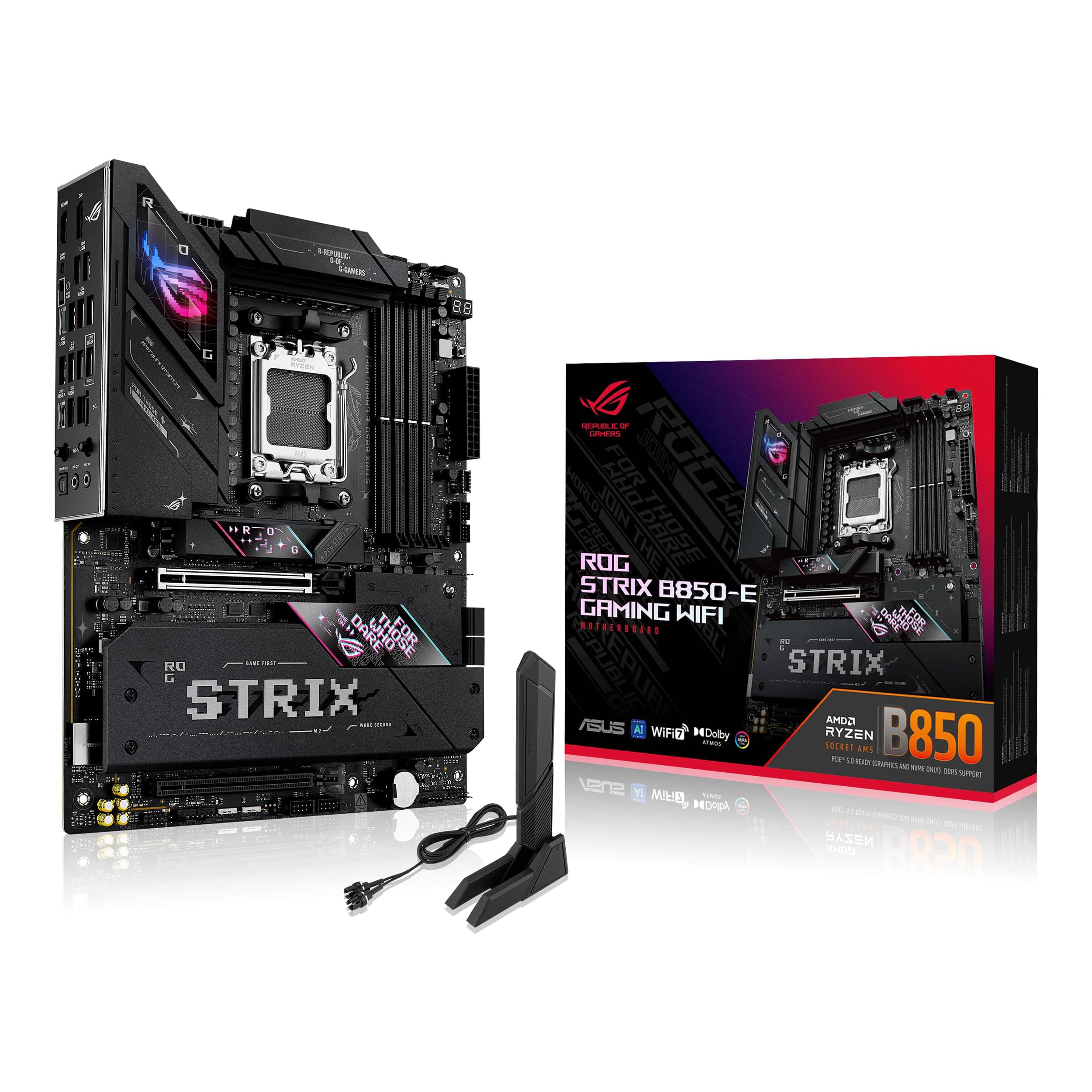 ASUS ROG Strix B850-E Gaming WiFi - Placa Base AMD, 16+2+2 etapas de Potencia, DDR5, Cinco Ranuras M.2, PCIe 5.0, WiFi 7, Puerto USB4 Tipo-C, USB 20 Gbps con PD 3.0 de hasta 30 W y Aura Sync RGB